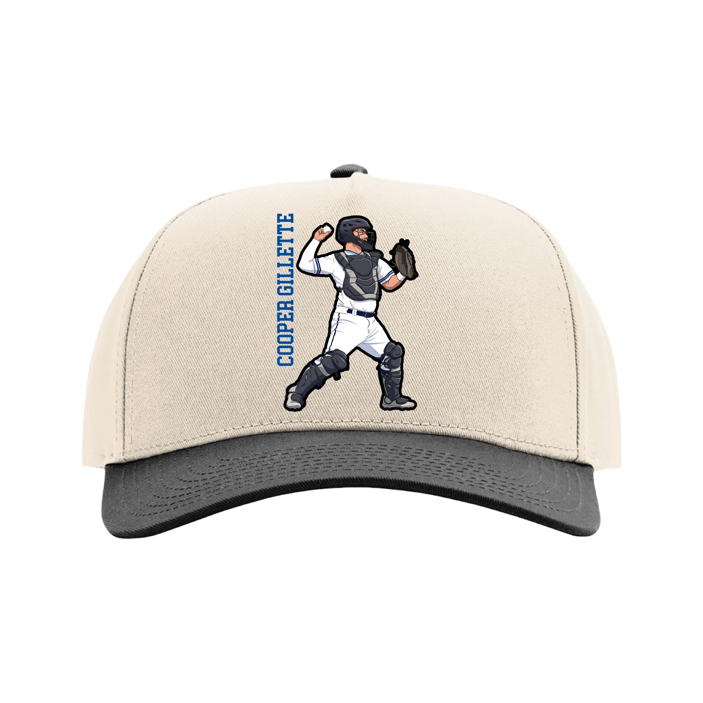 Full Fabric Five-Panel Champ Cap — Name Vertical in Cream/Black
