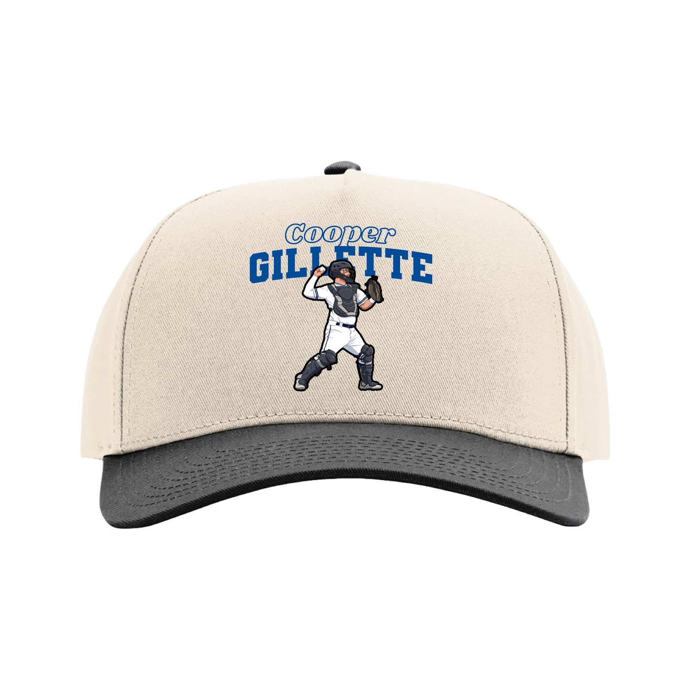 Full Fabric Five-Panel Champ Cap — Name Arch in Cream/Black
