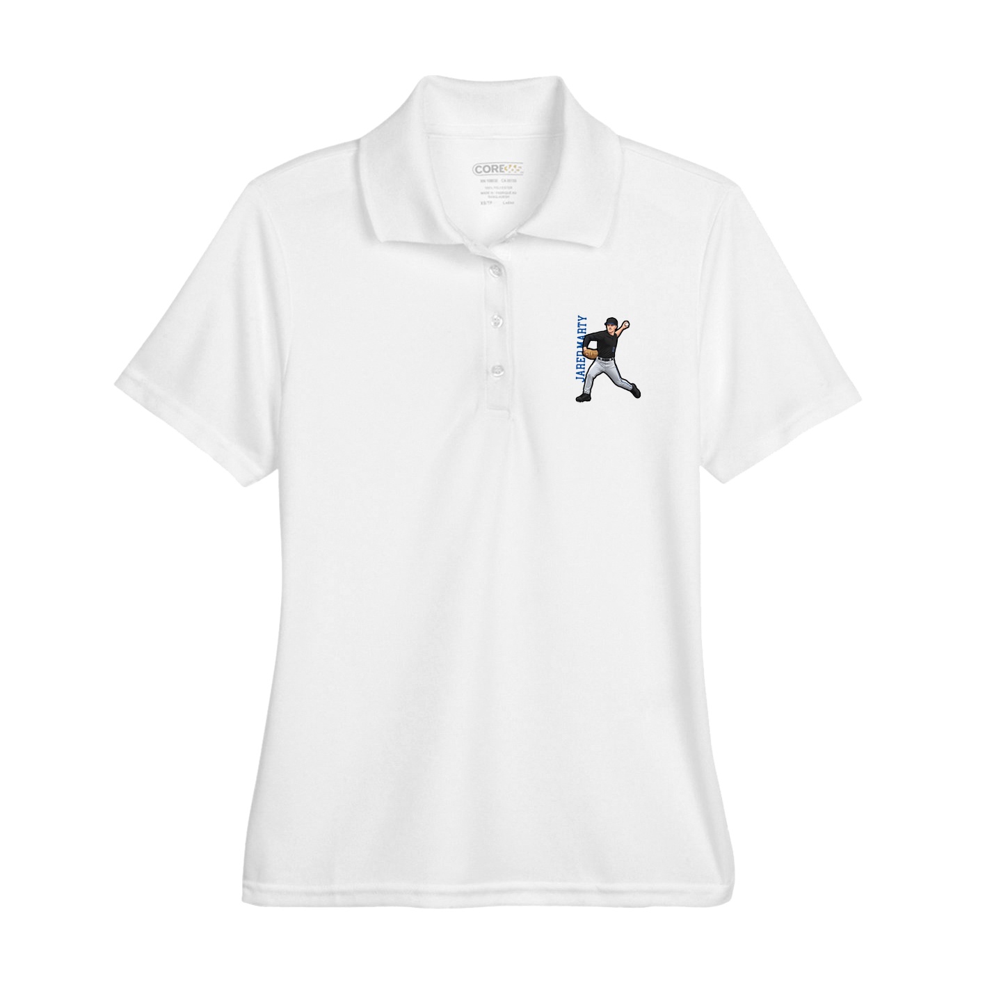 Womens Performance Polo — Name Vertical in White