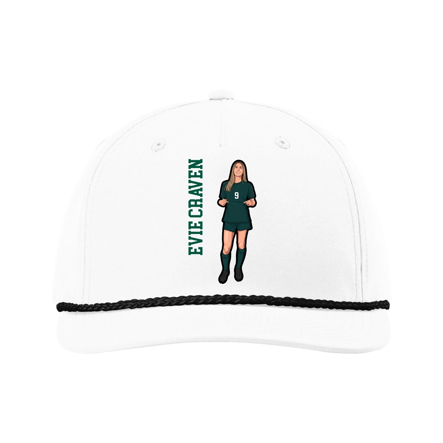 Five-Panel Classic Rope Cap — Name Vertical in White