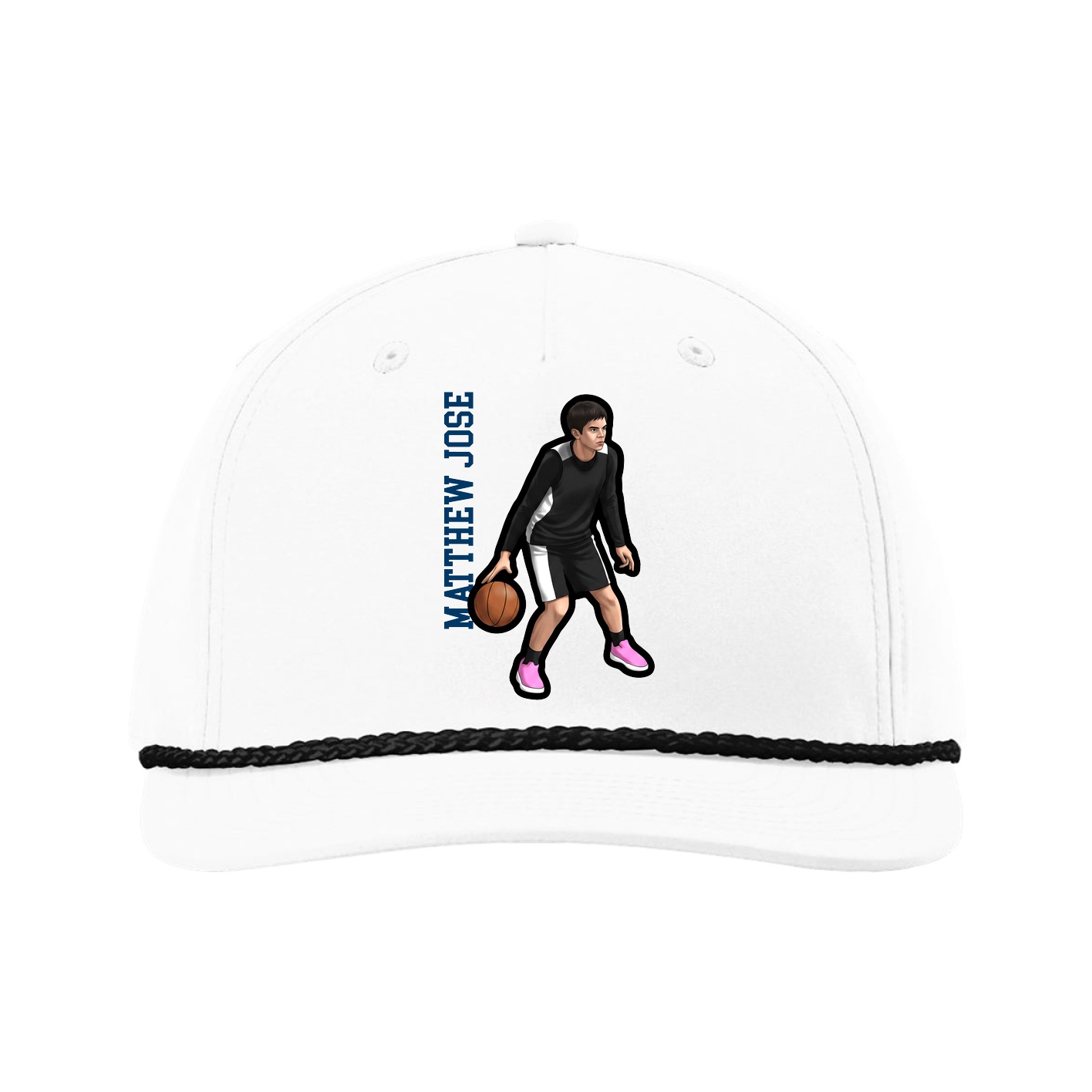 Five-Panel Classic Rope Cap — Name Vertical in White