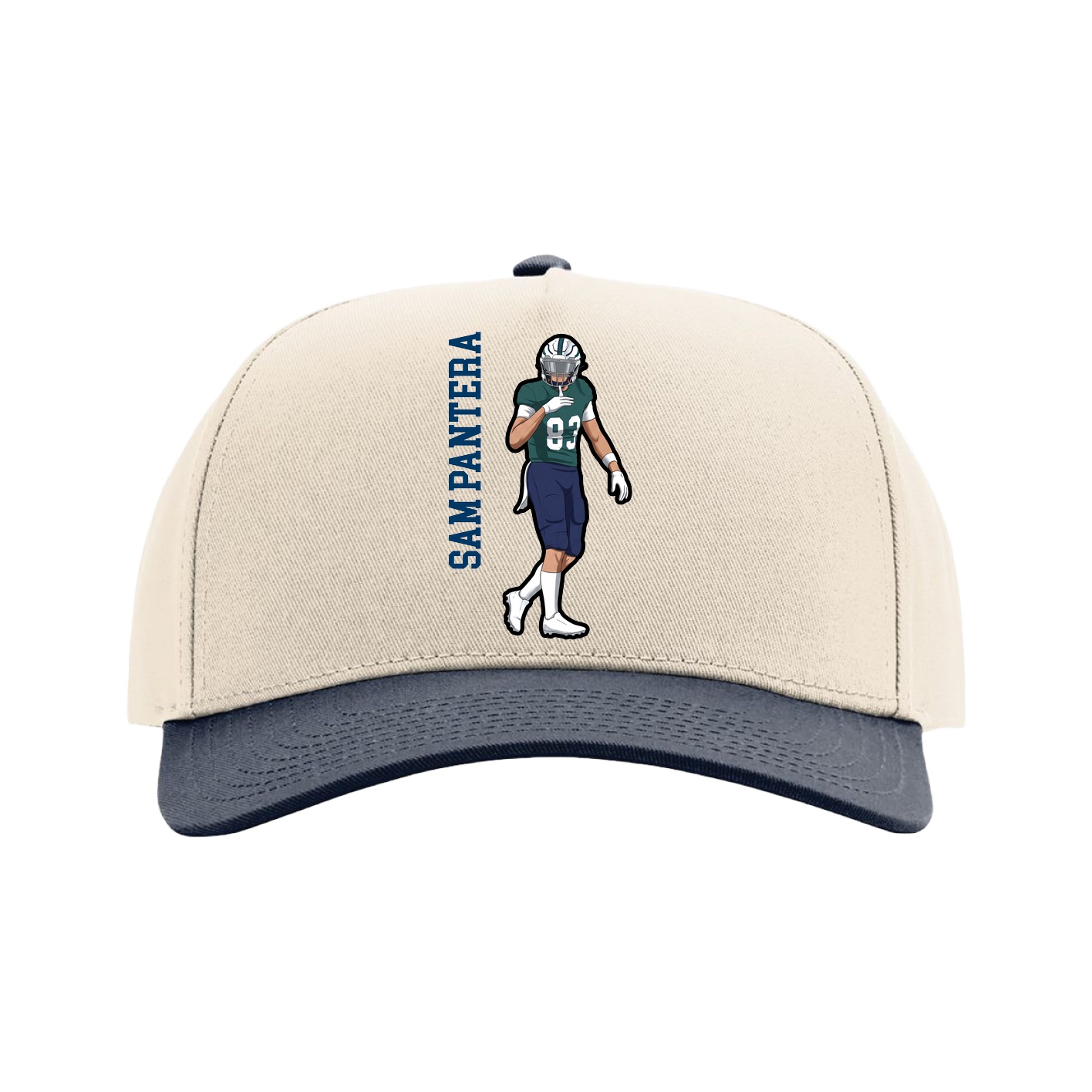 Full Fabric Five-Panel Champ Cap — Name Vertical in Cream/Navy