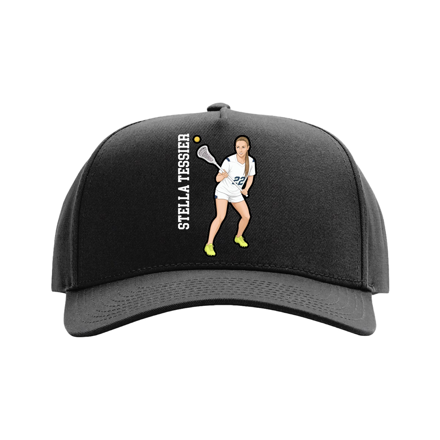 Full Fabric Five-Panel Champ Cap — Name Vertical in Black