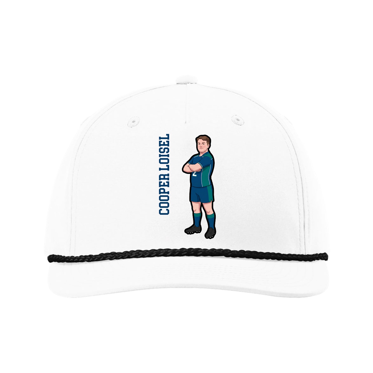 Five-Panel Classic Rope Cap — Name Vertical in White