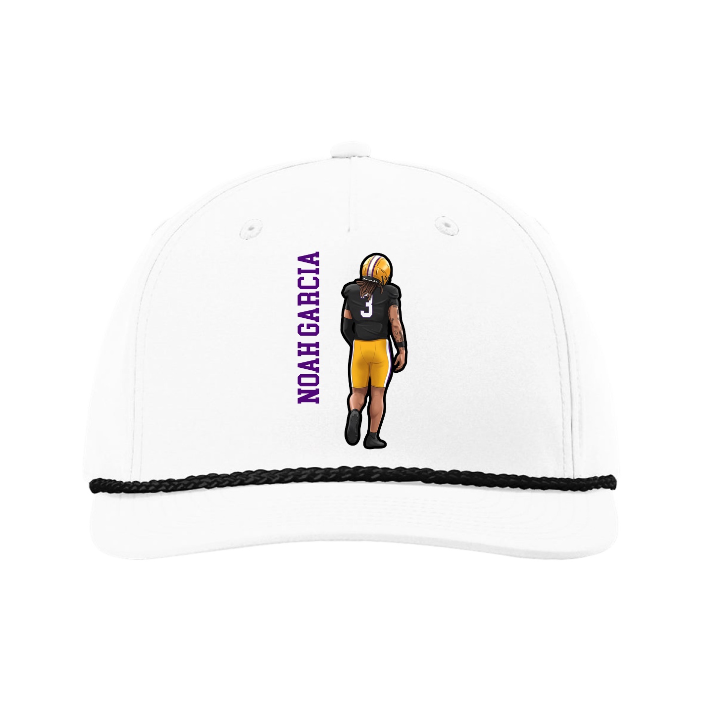 Five-Panel Classic Rope Cap — Name Vertical in White