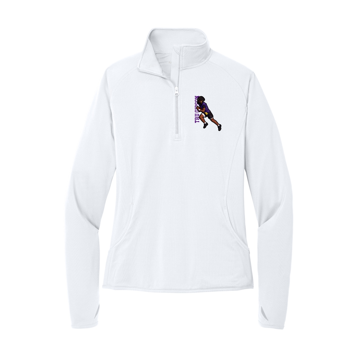 Women's Q-Zip Pullover — Name Vertical in White
