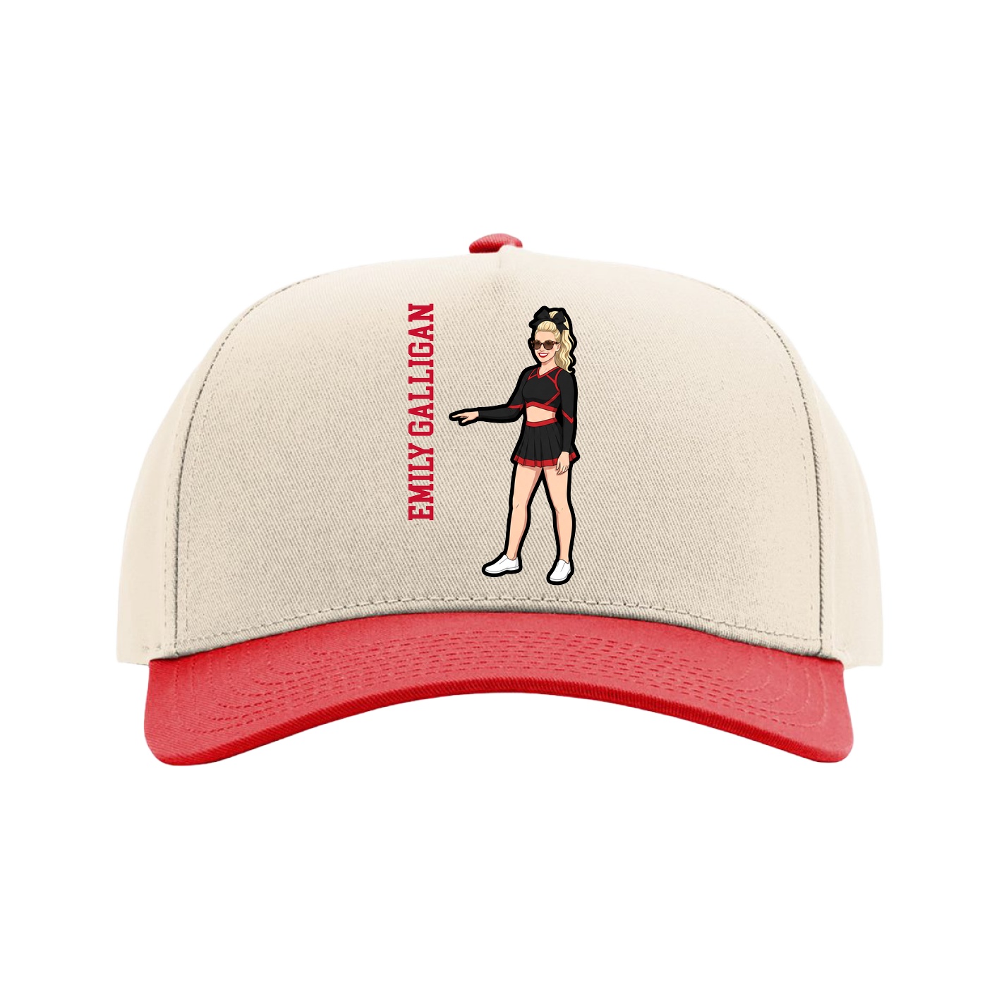 Full Fabric Five-Panel Champ Cap — Name Vertical in Cream/Red