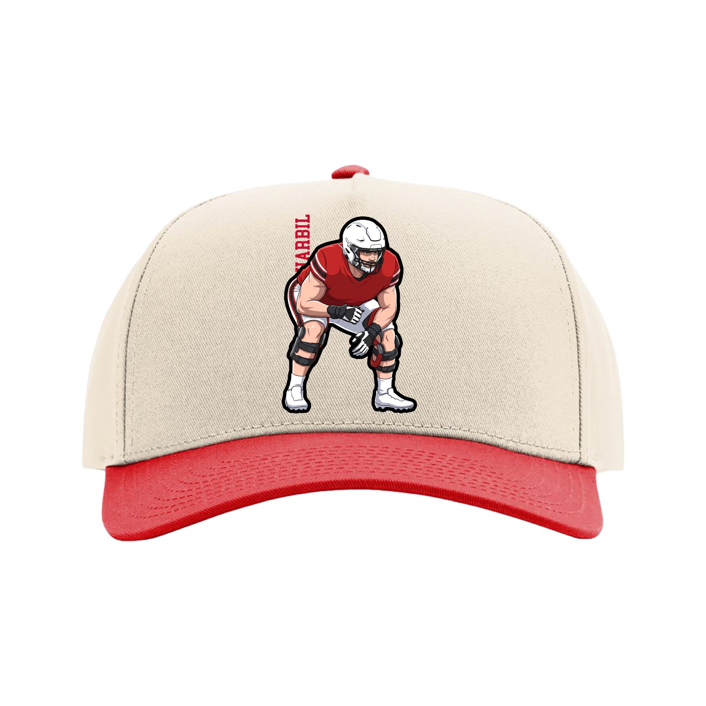 Full Fabric Five-Panel Champ Cap — Name Vertical in Cream/Red