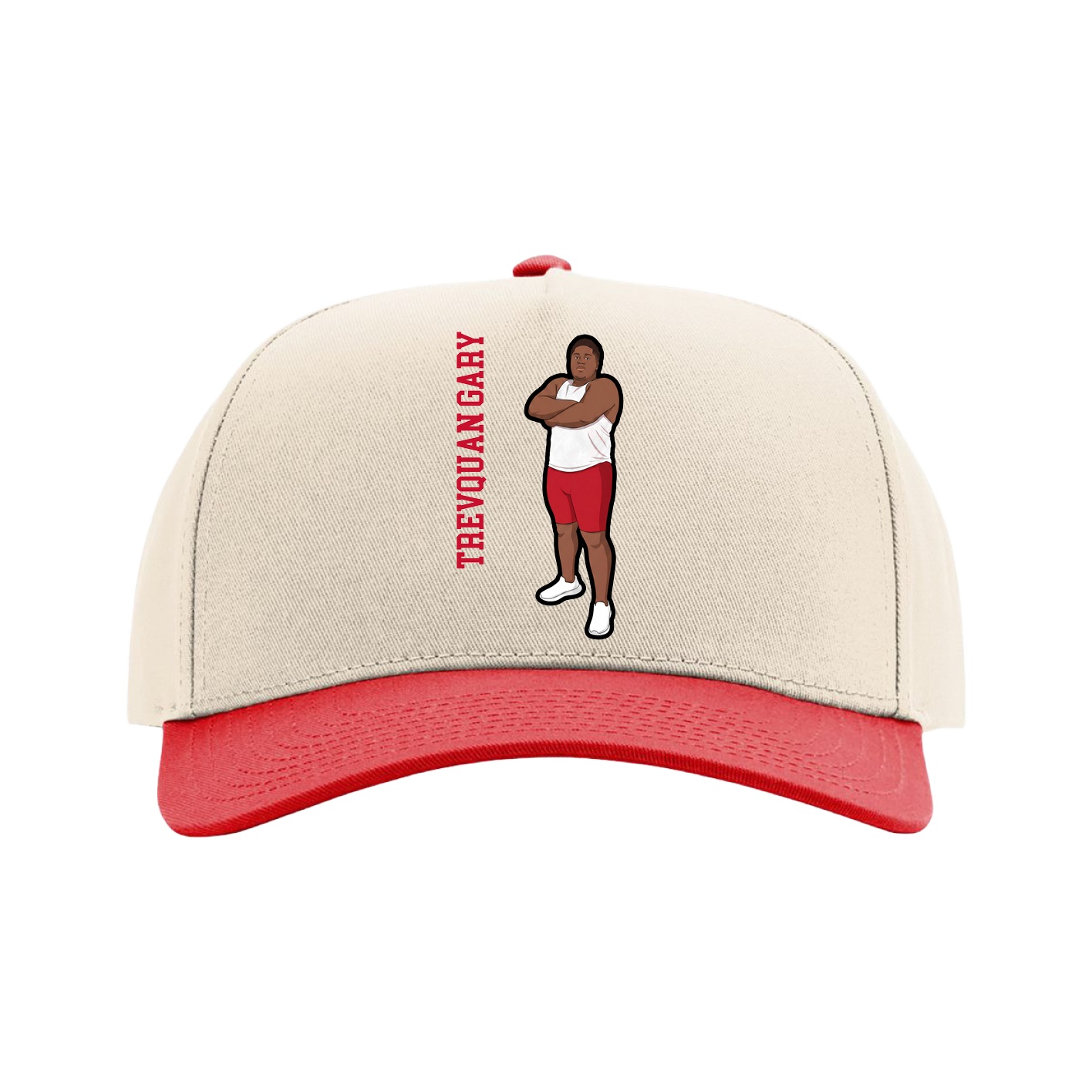 Full Fabric Five-Panel Champ Cap — Name Vertical in Cream/Red