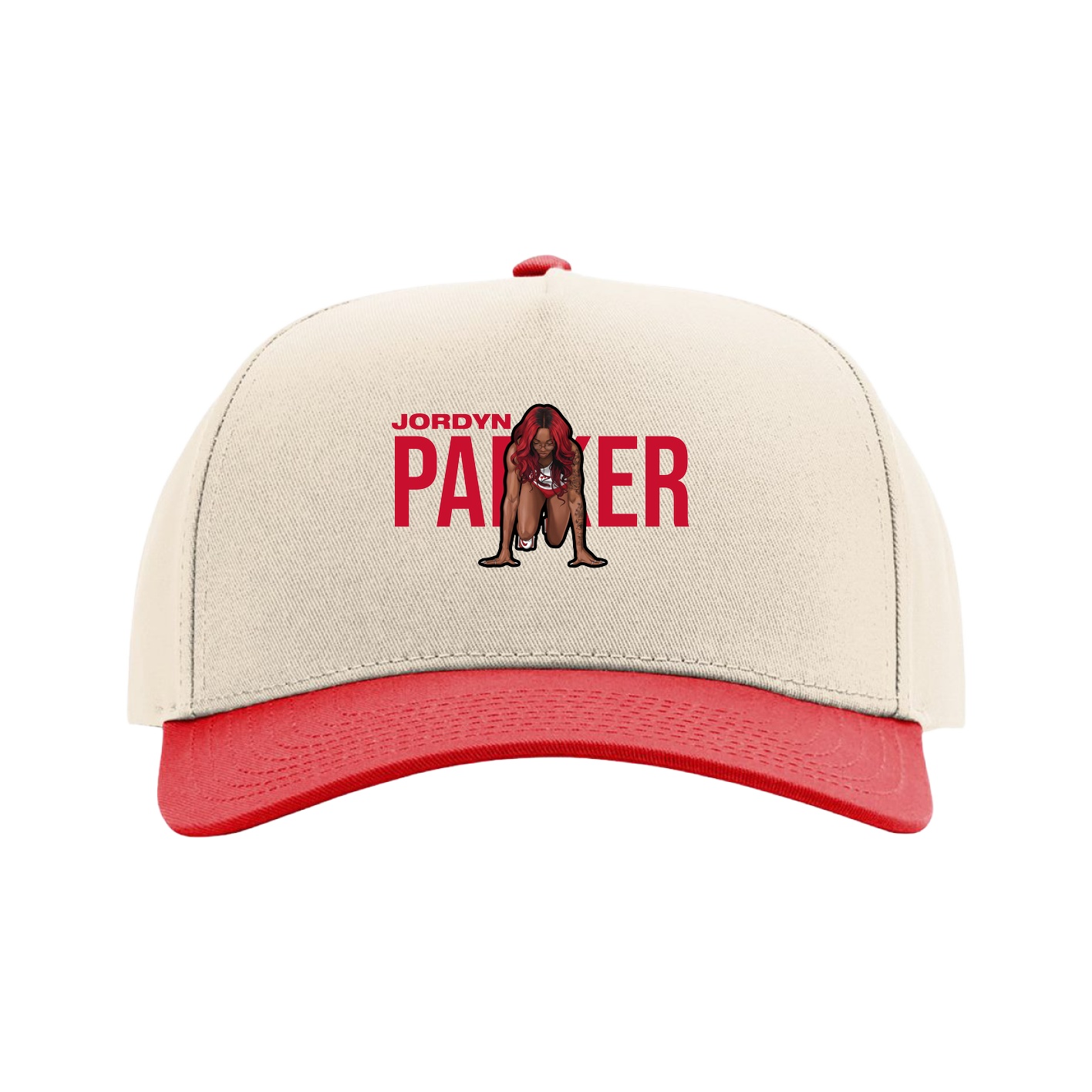 Full Fabric Five-Panel Champ Cap — Player Name in Cream/Red