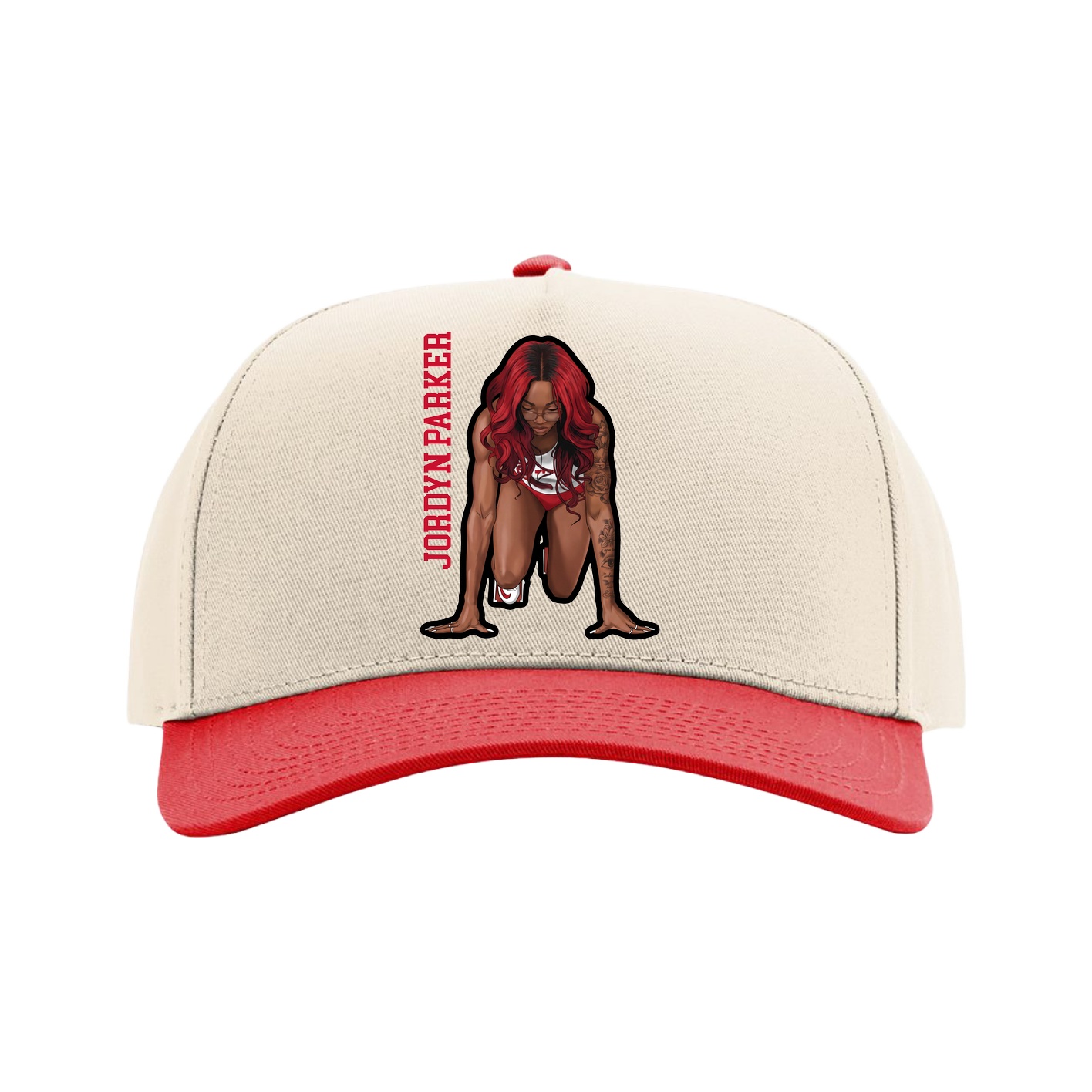 Full Fabric Five-Panel Champ Cap — Name Vertical in Cream/Red