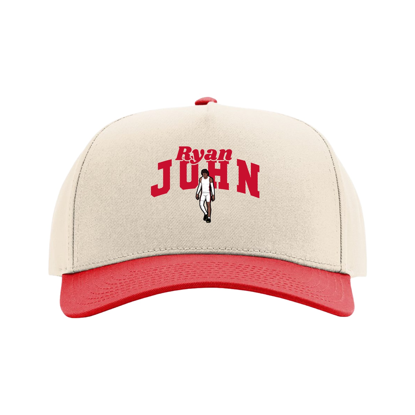 Full Fabric Five-Panel Champ Cap — Signature Arch in Cream/Red