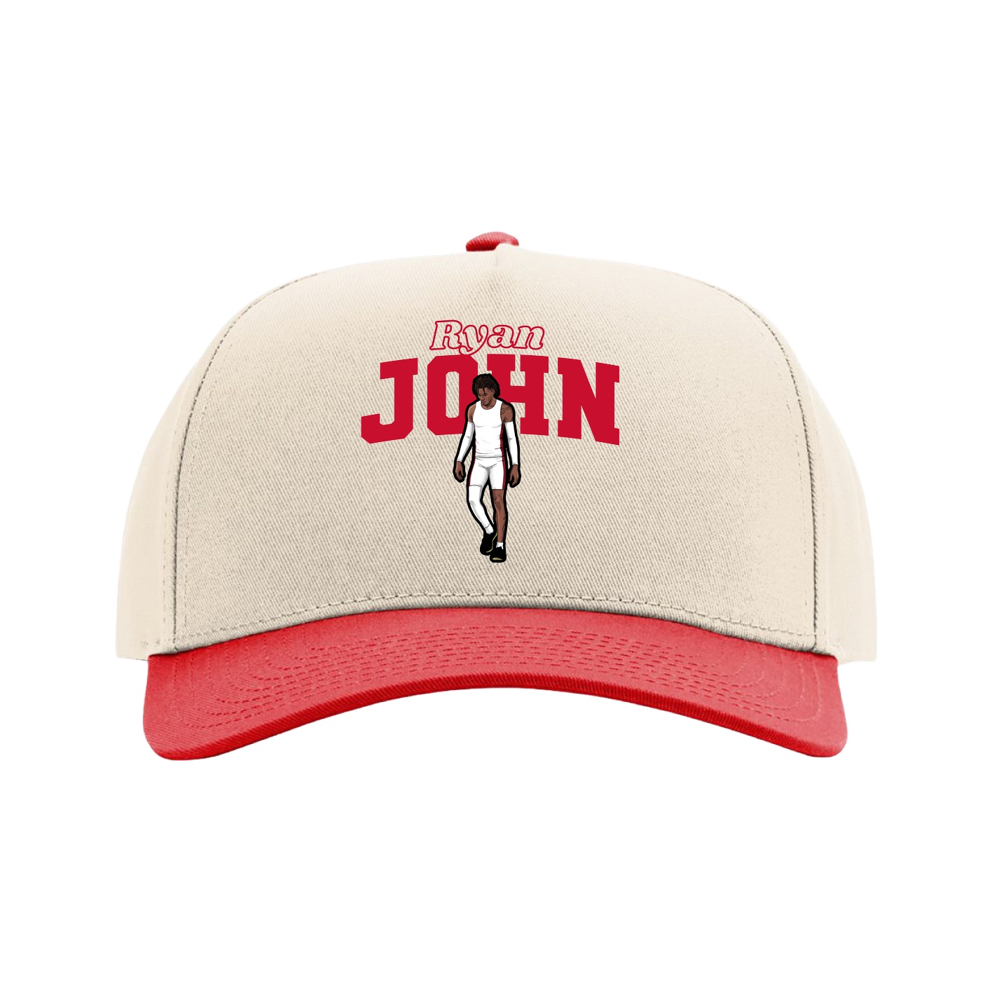 Full Fabric Five-Panel Champ Cap — Name Arch in Cream/Red