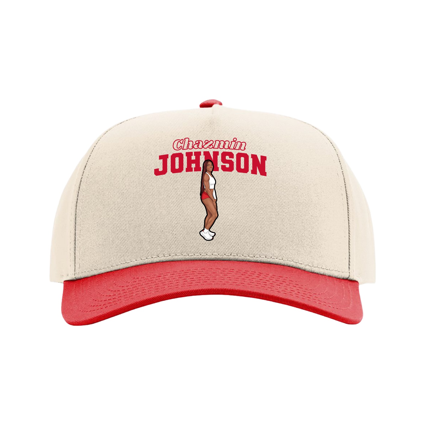Full Fabric Five-Panel Champ Cap — Name Arch in Cream/Red