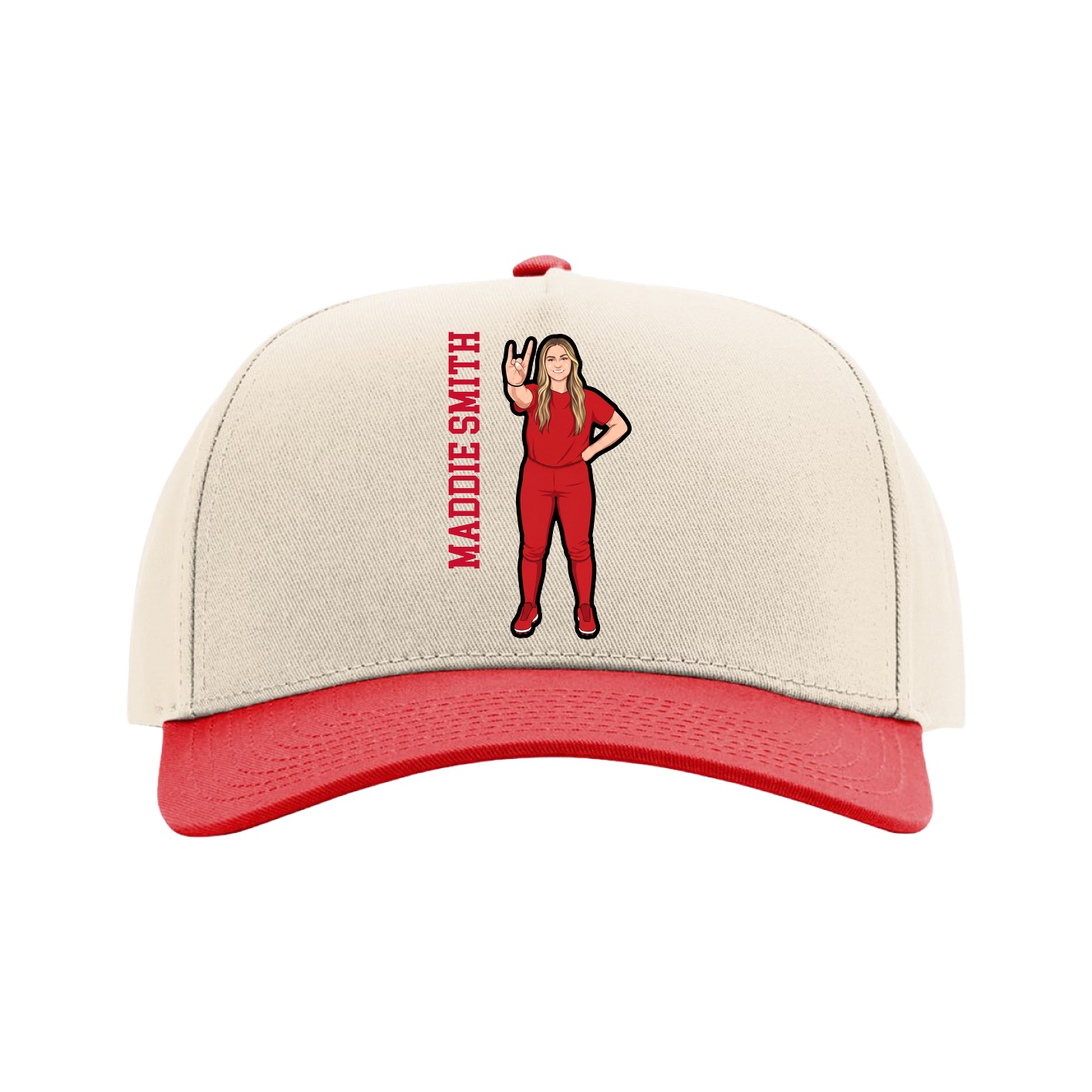 Full Fabric Five-Panel Champ Cap — Name Vertical in Cream/Red