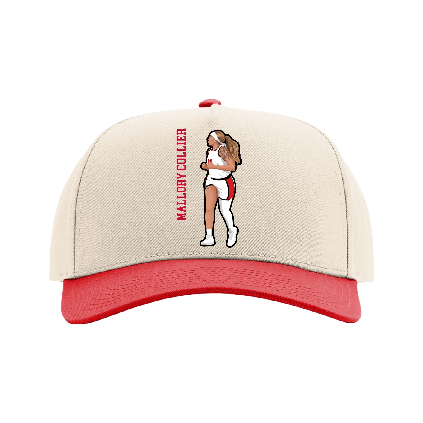 Full Fabric Five-Panel Champ Cap — Name Vertical in Cream/Red