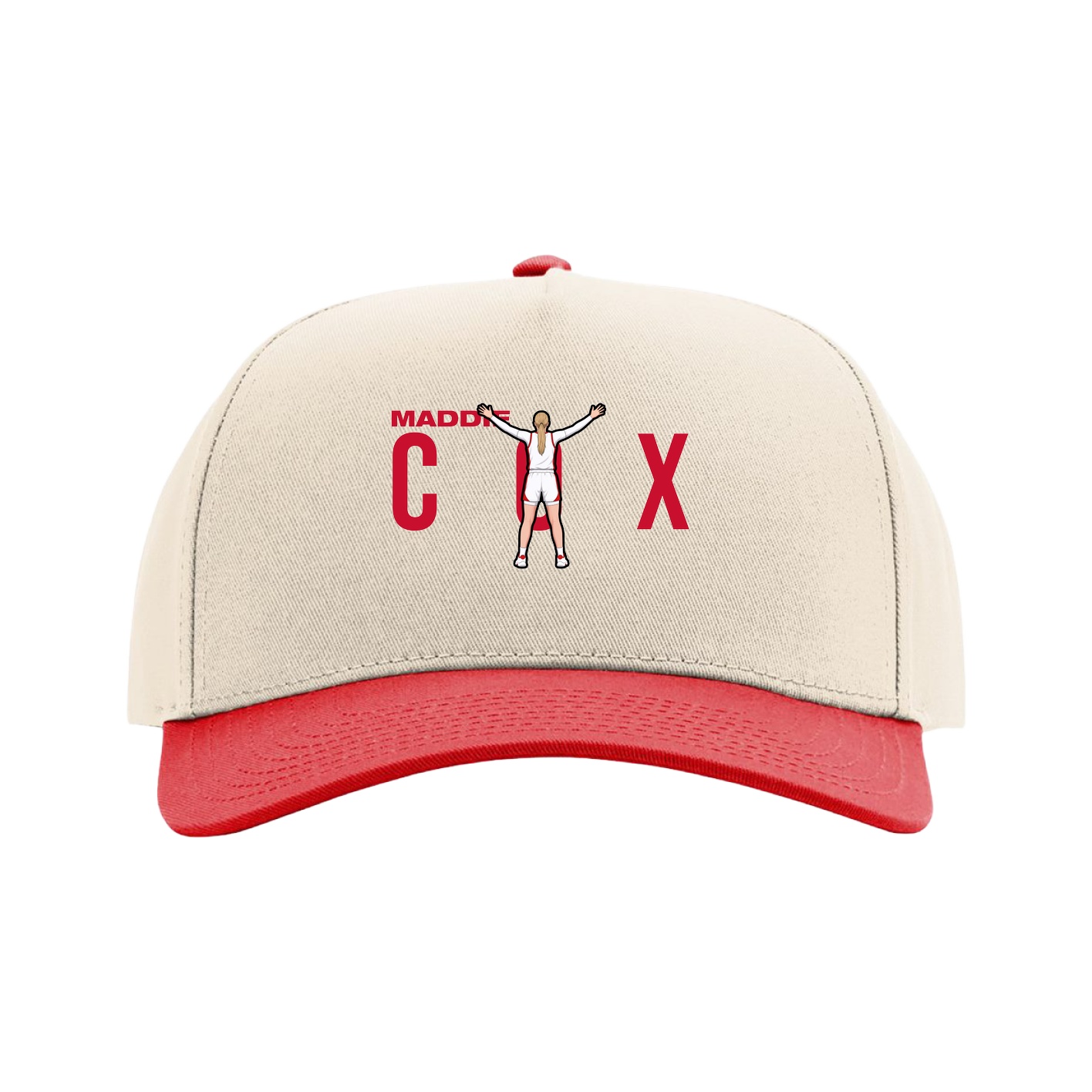 Full Fabric Five-Panel Champ Cap — Player Name in Cream/Red