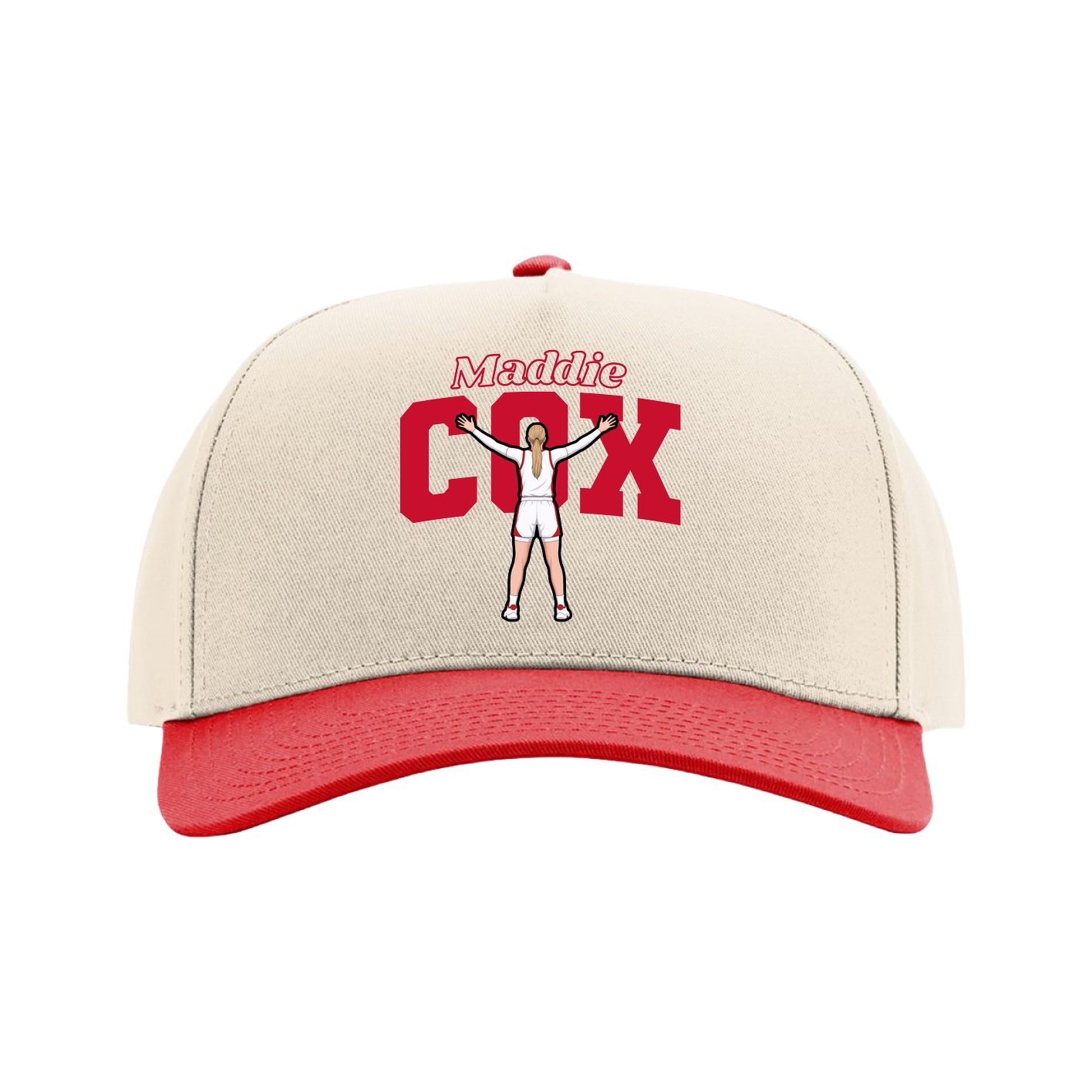 Full Fabric Five-Panel Champ Cap — Name Arch in Cream/Red