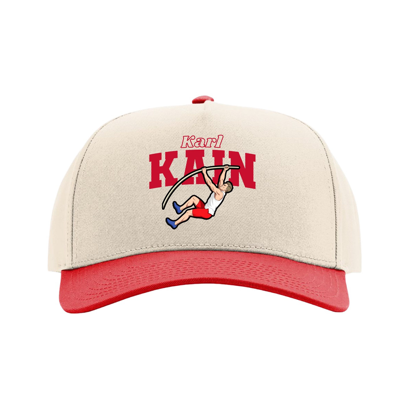 Full Fabric Five-Panel Champ Cap — Name Arch in Cream/Red