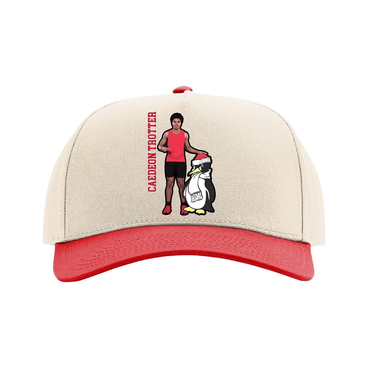 Full Fabric Five-Panel Champ Cap — Name Vertical in Cream/Red