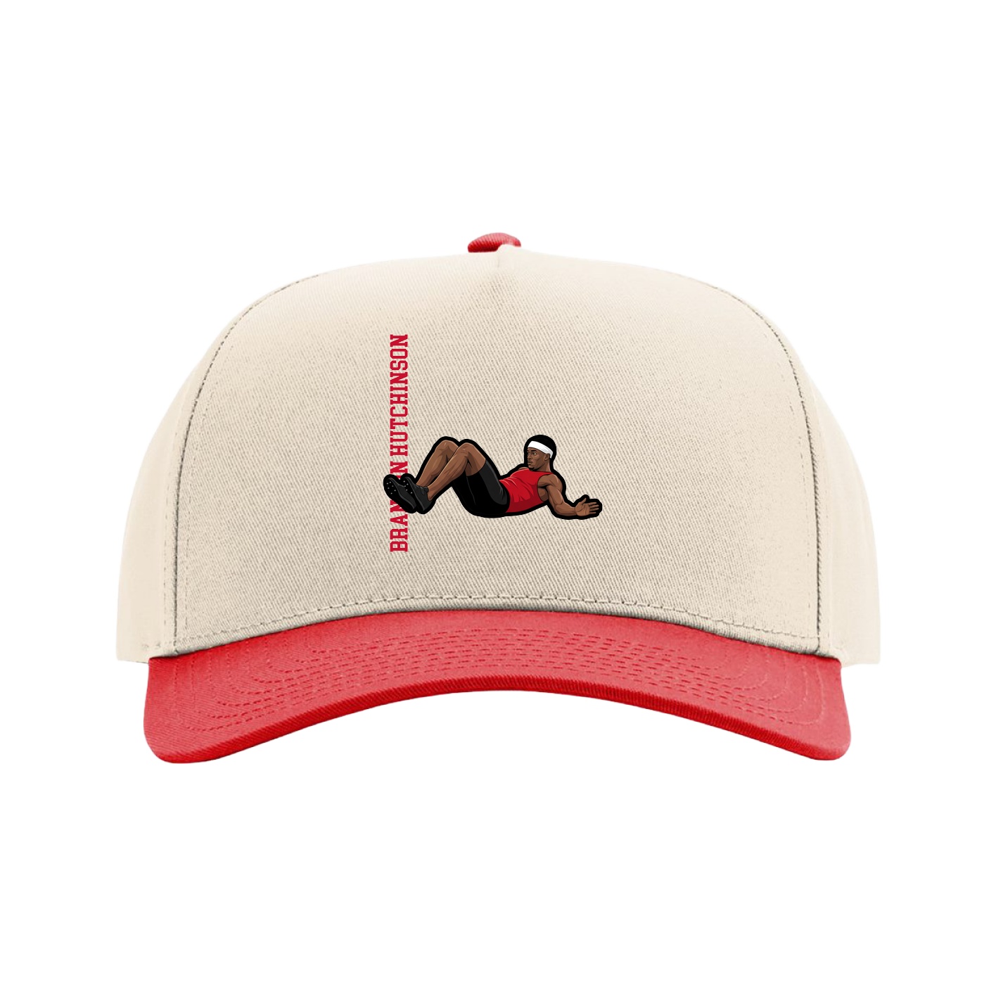 Full Fabric Five-Panel Champ Cap — Name Vertical in Cream/Red