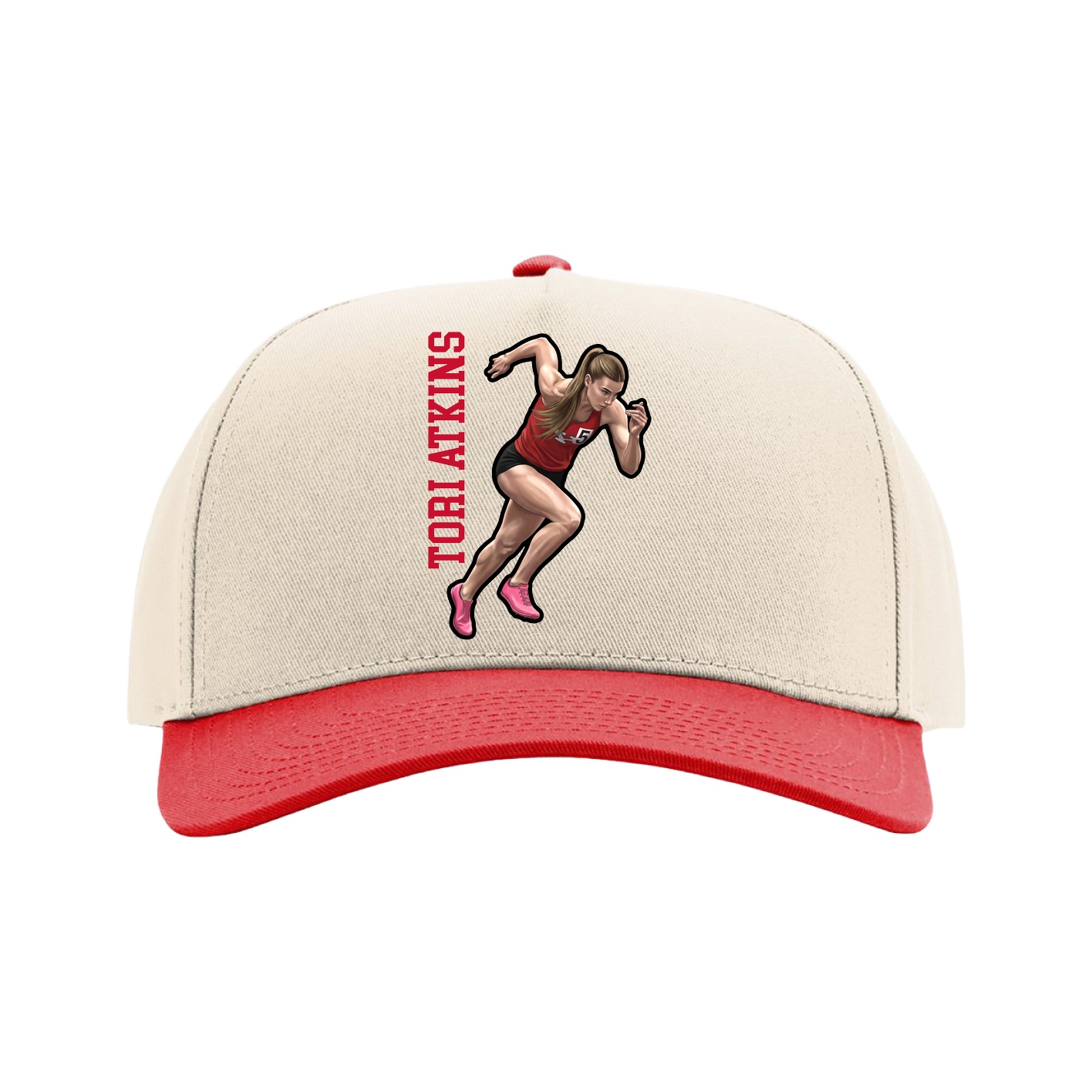 Full Fabric Five-Panel Champ Cap — Name Vertical in Cream/Red
