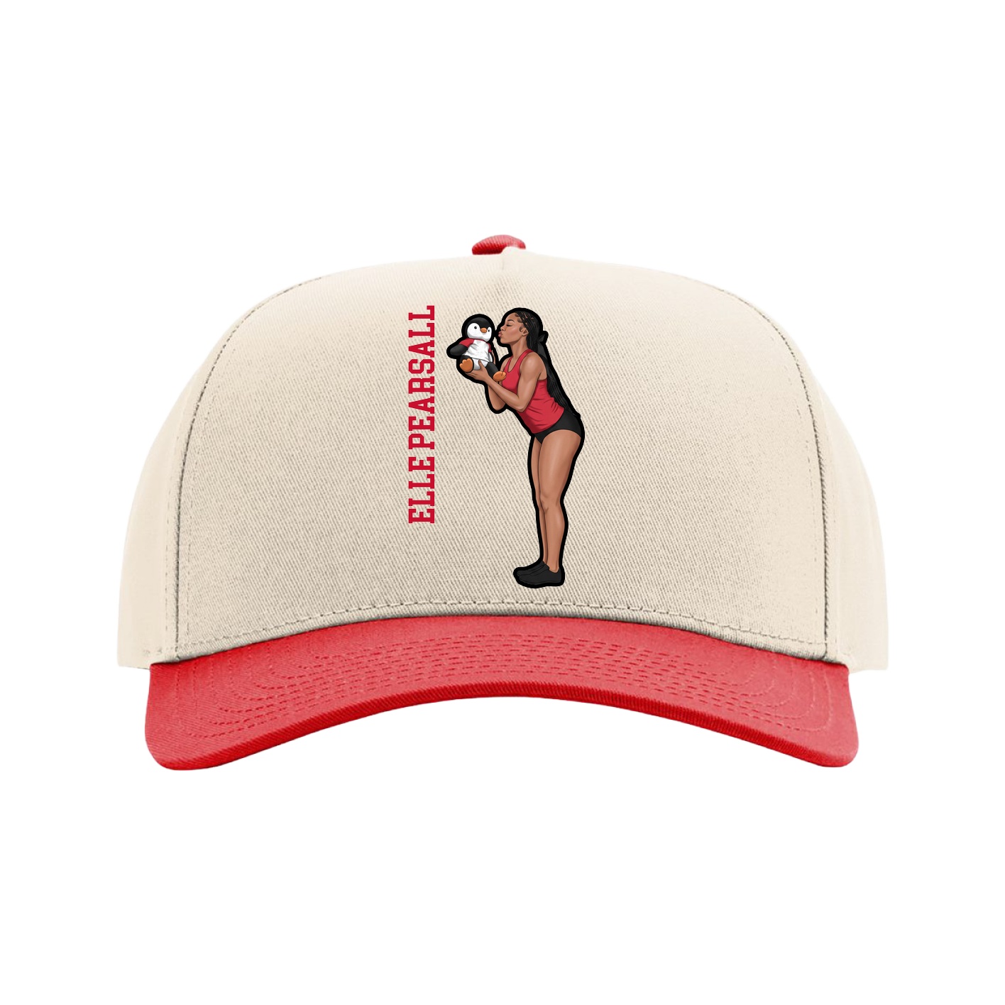 Full Fabric Five-Panel Champ Cap — Name Vertical in Cream/Red
