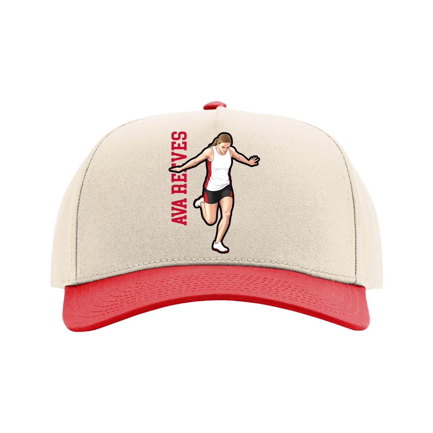 Full Fabric Five-Panel Champ Cap — Name Vertical in Cream/Red
