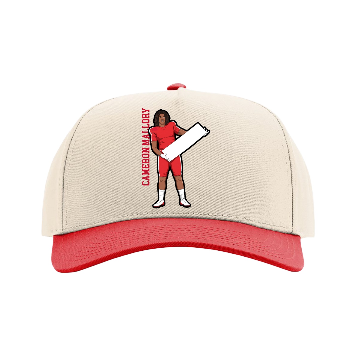 Full Fabric Five-Panel Champ Cap — Name Vertical in Cream/Red