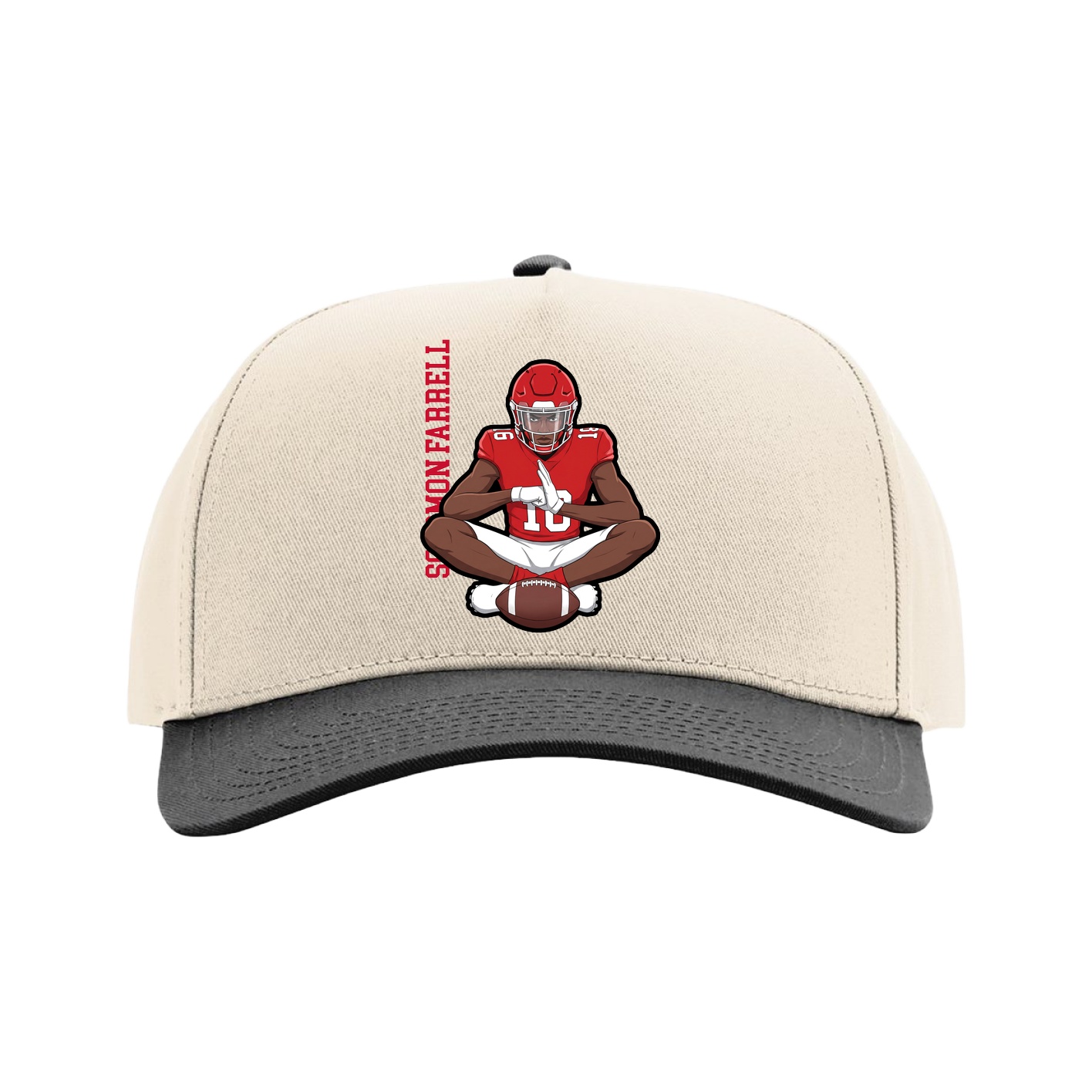Full Fabric Five-Panel Champ Cap — Name Vertical in Cream/Black