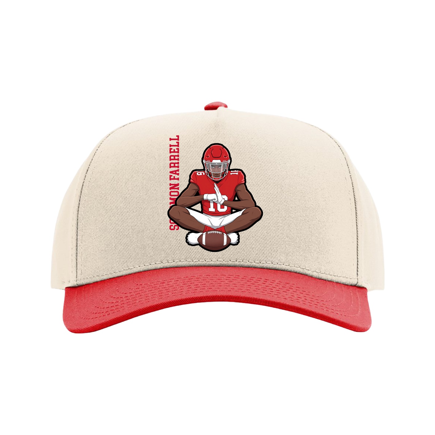 Full Fabric Five-Panel Champ Cap — Name Vertical in Cream/Red