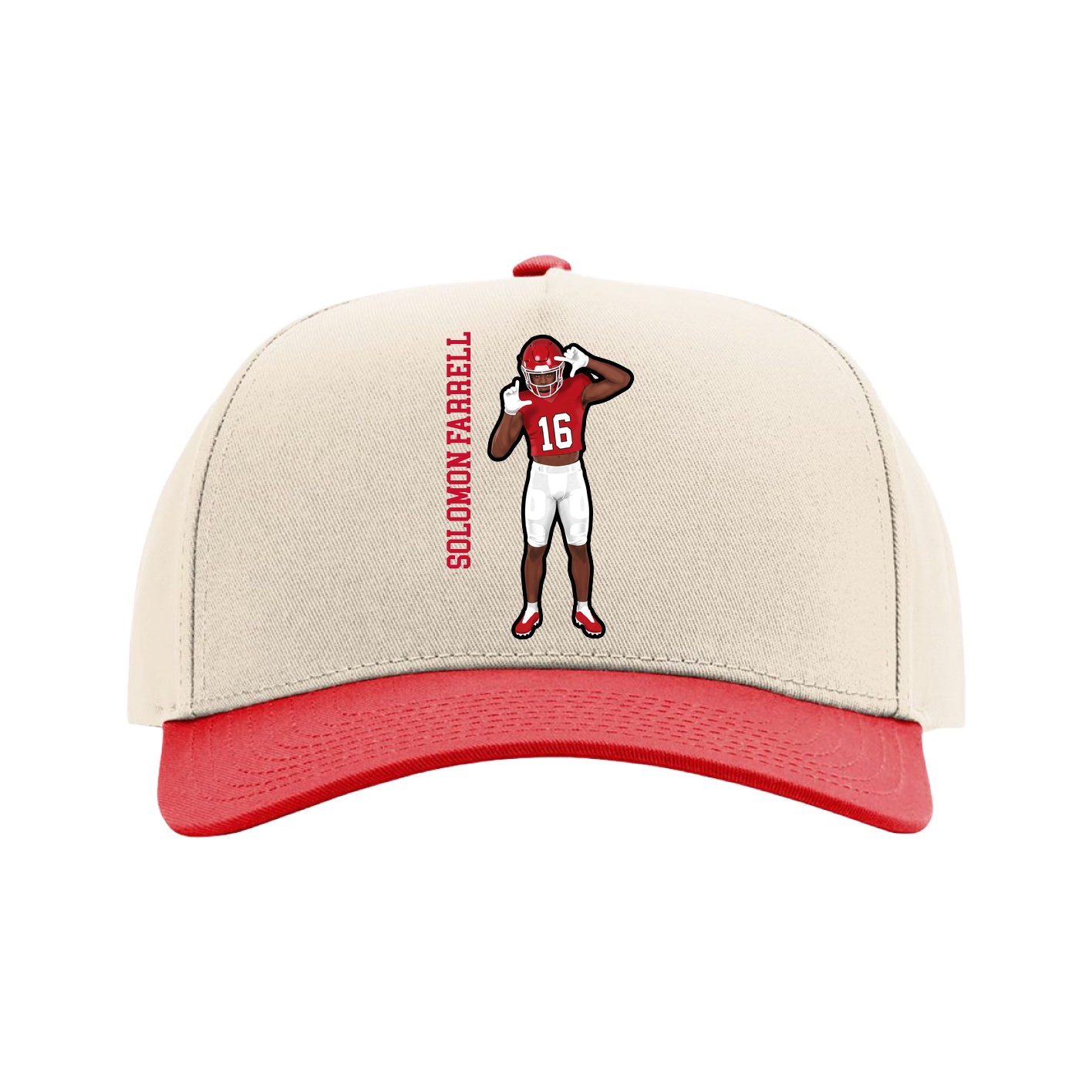 Full Fabric Five-Panel Champ Cap — Name Vertical in Cream/Red