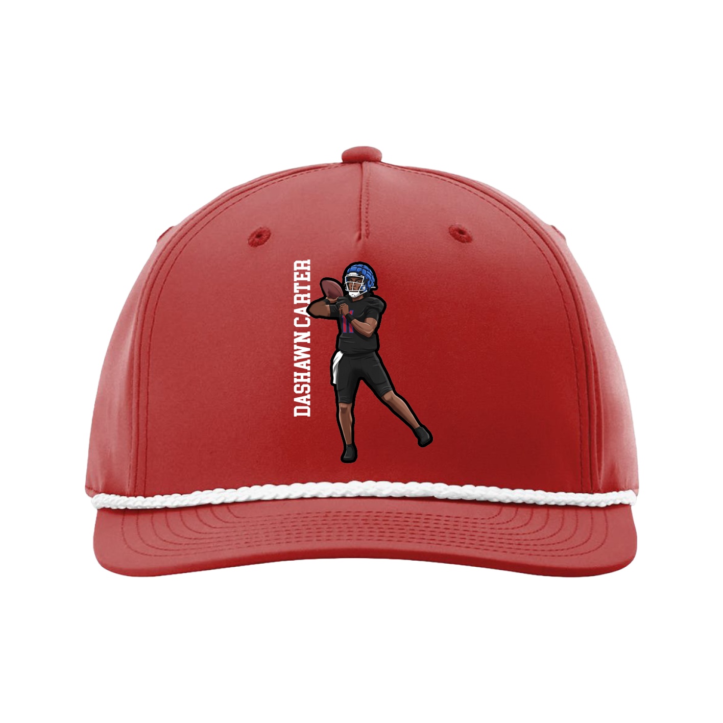 Five-Panel Classic Rope Cap — Name Vertical in Red