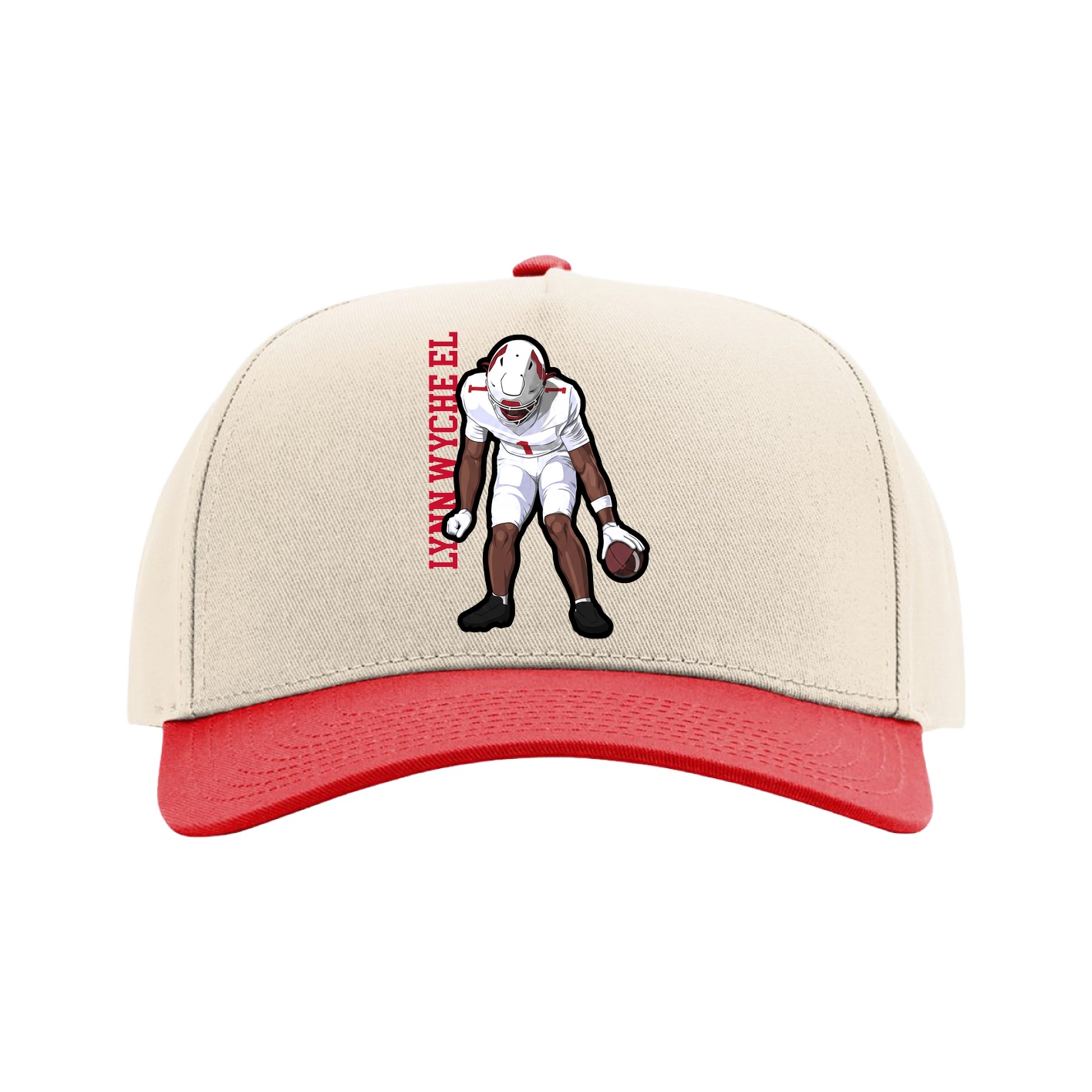 Full Fabric Five-Panel Champ Cap — Name Vertical in Cream/Red