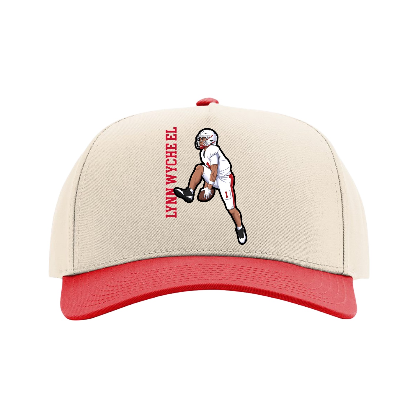 Full Fabric Five-Panel Champ Cap — Name Vertical in Cream/Red