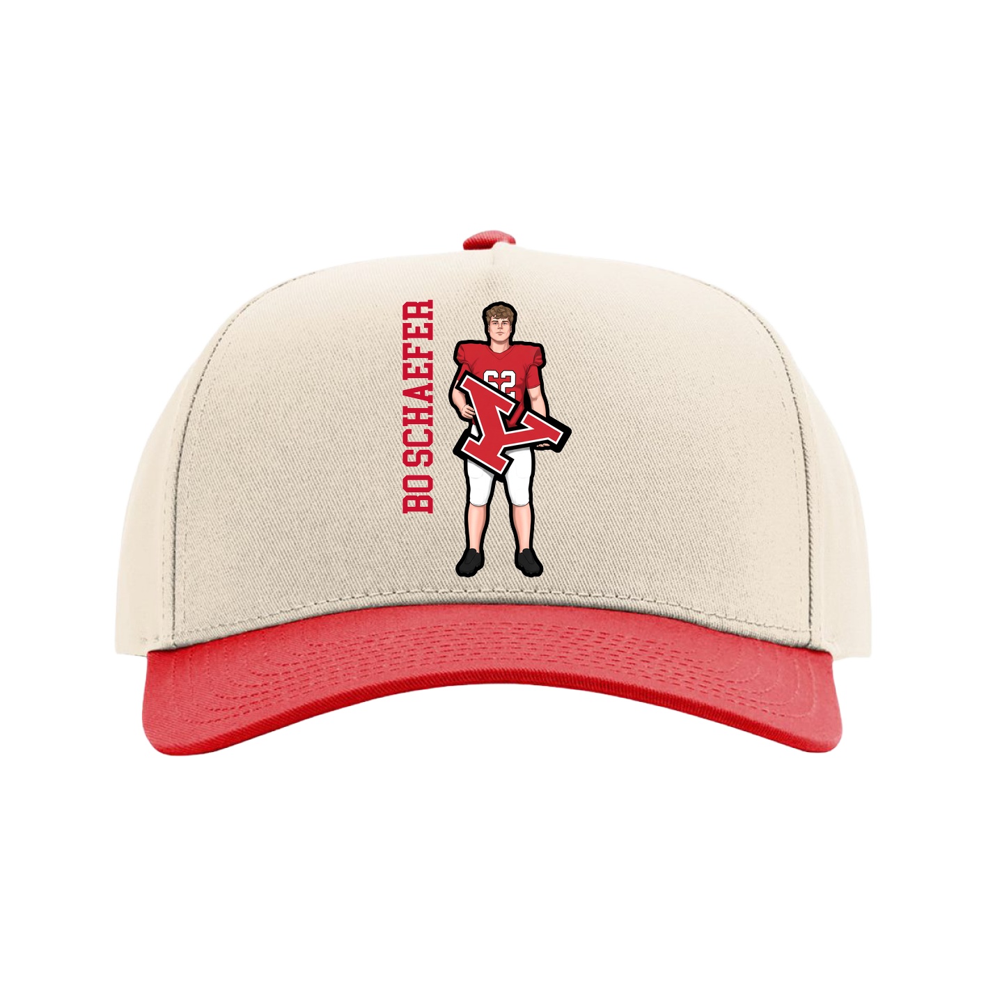 Full Fabric Five-Panel Champ Cap — Name Vertical in Cream/Red