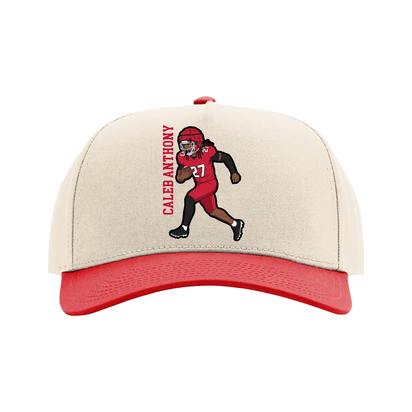 Full Fabric Five-Panel Champ Cap — Name Vertical in Cream/Red