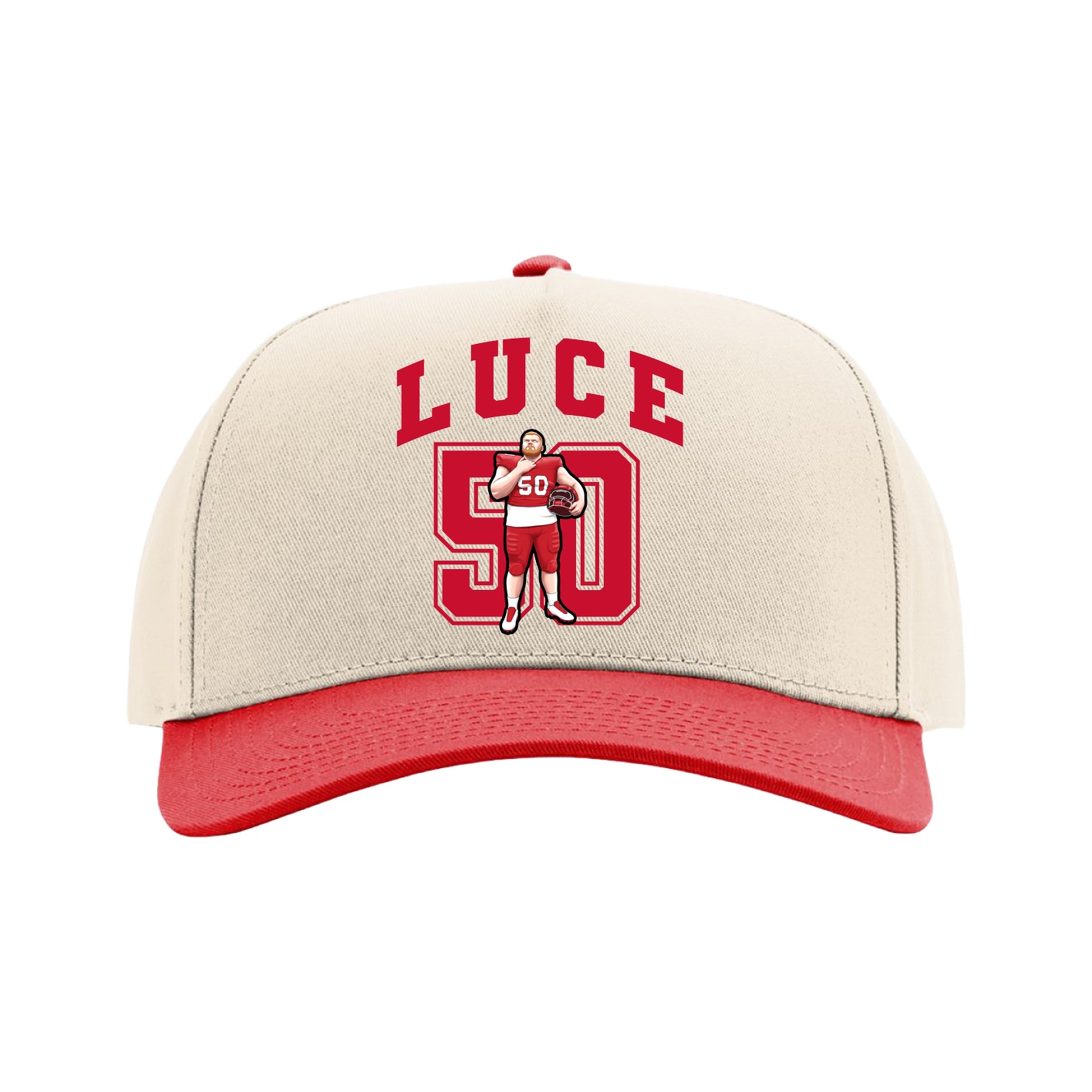 Full Fabric Five-Panel Champ Cap — Number in Cream/Red