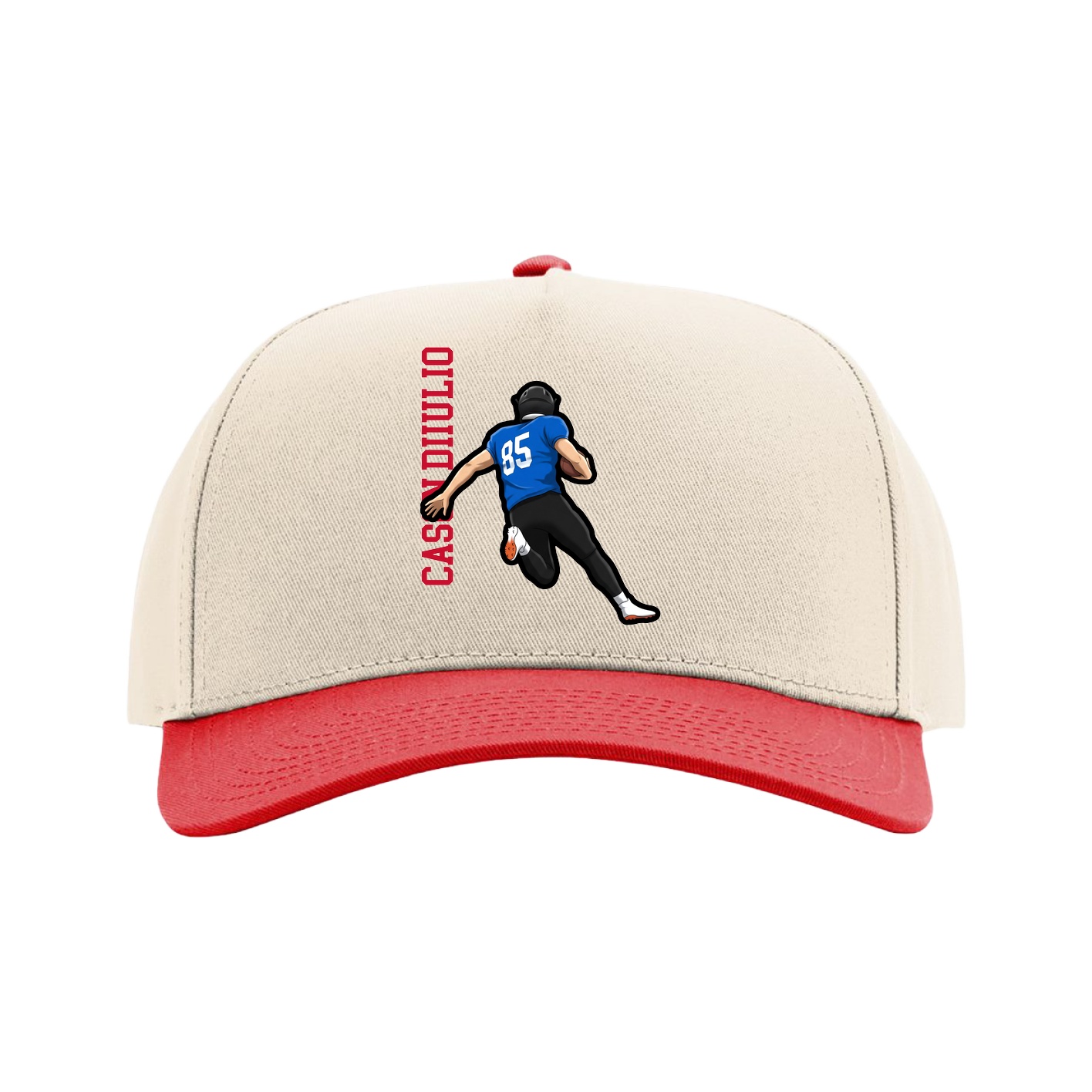 Full Fabric Five-Panel Champ Cap — Name Vertical in Cream/Red