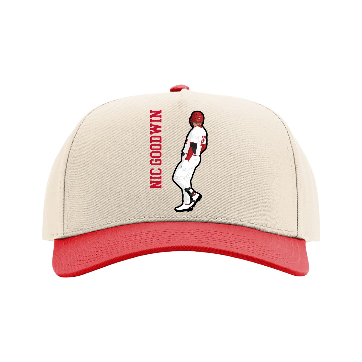 Full Fabric Five-Panel Champ Cap — Name Vertical in Cream/Red