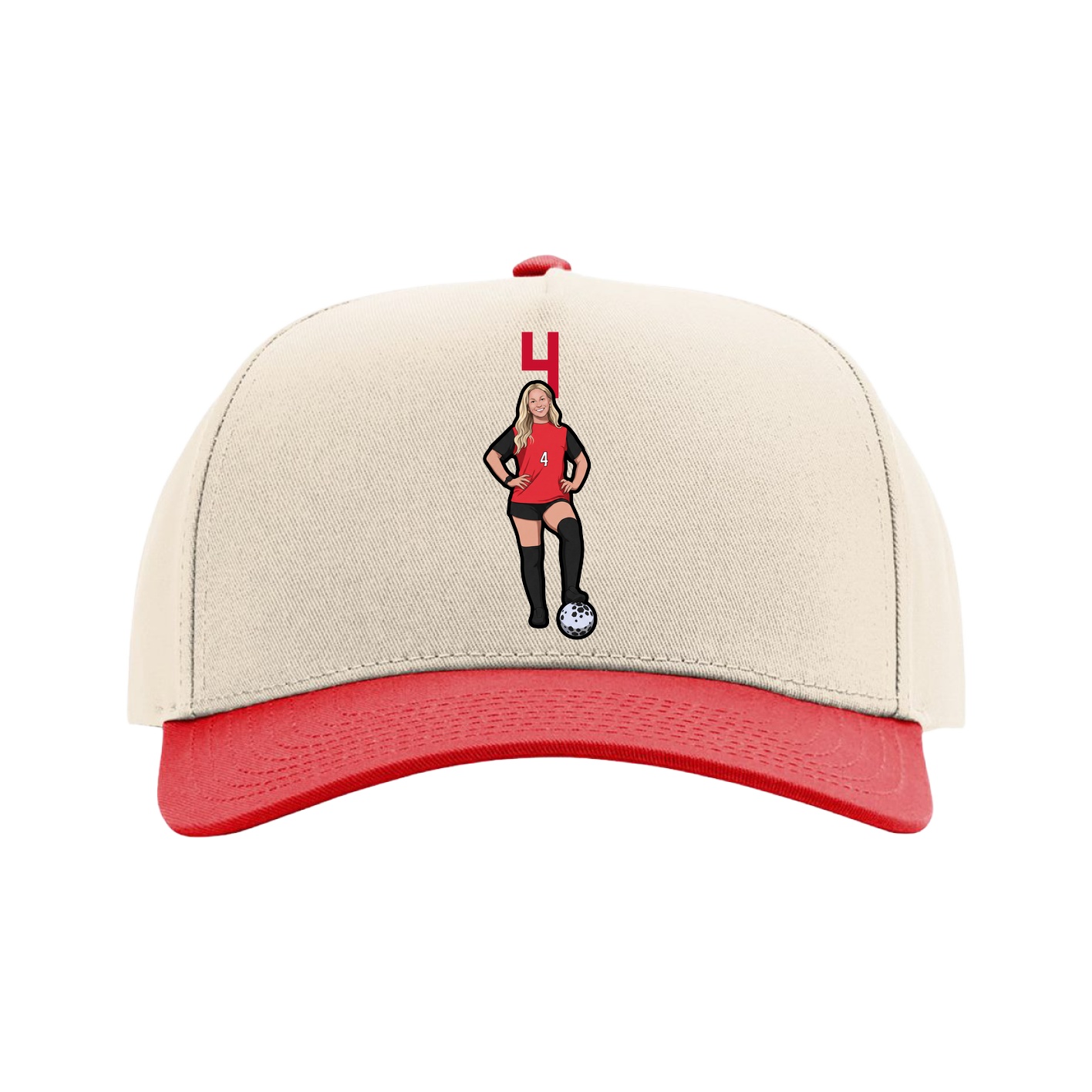 Full Fabric Five-Panel Champ Cap — Number Top in Cream/Red