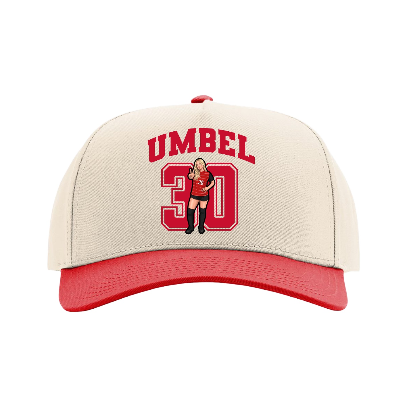 Full Fabric Five-Panel Champ Cap — Number in Cream/Red
