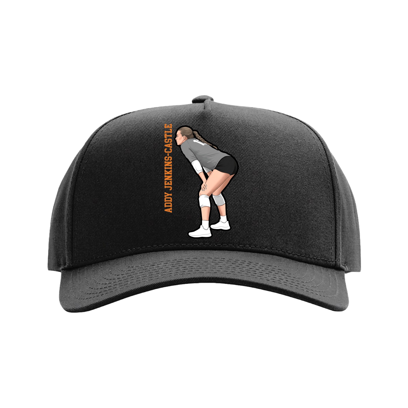 Full Fabric Five-Panel Champ Cap — Name Vertical in Black