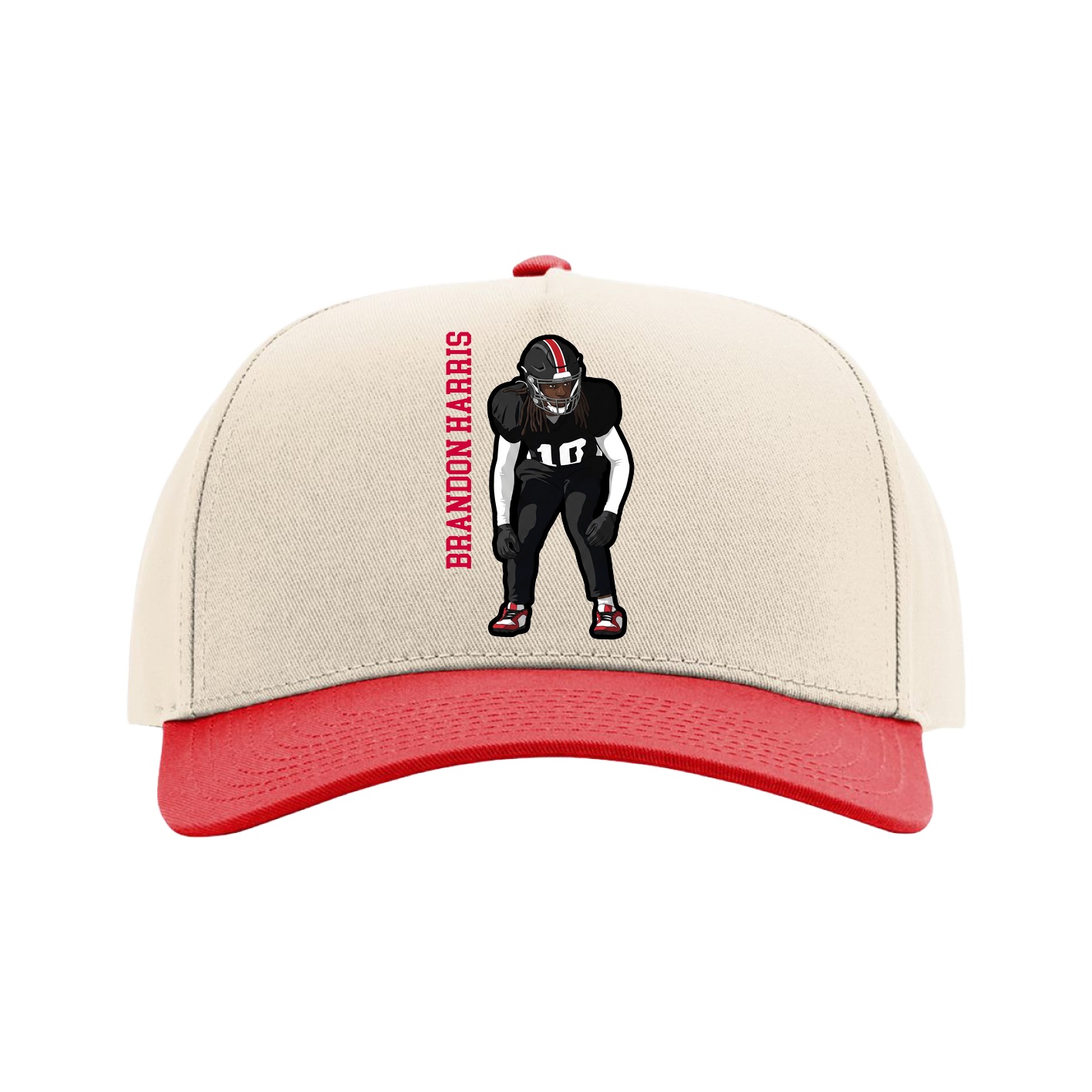 Full Fabric Five-Panel Champ Cap — Name Vertical in Cream/Red