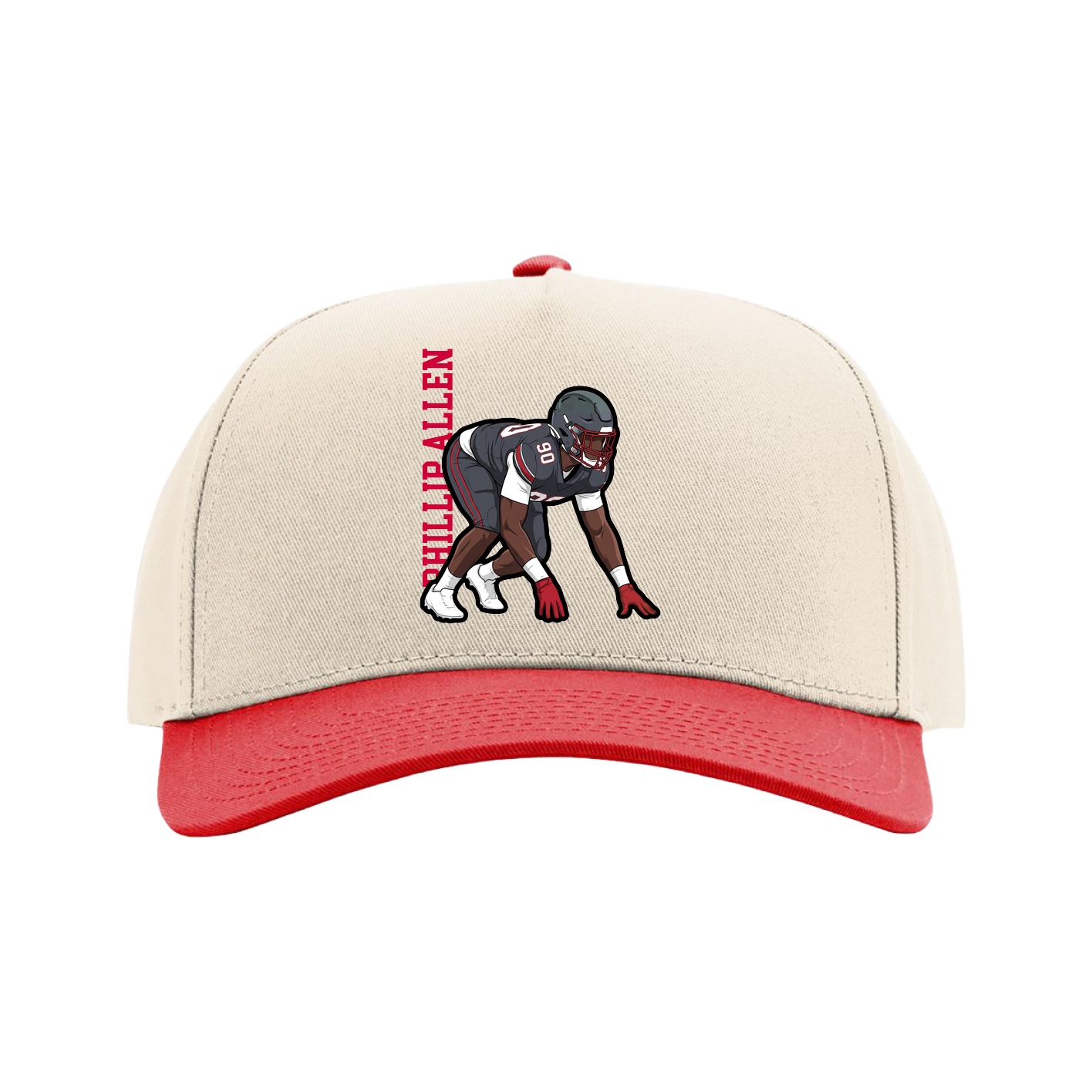 Full Fabric Five-Panel Champ Cap — Name Vertical in Cream/Red