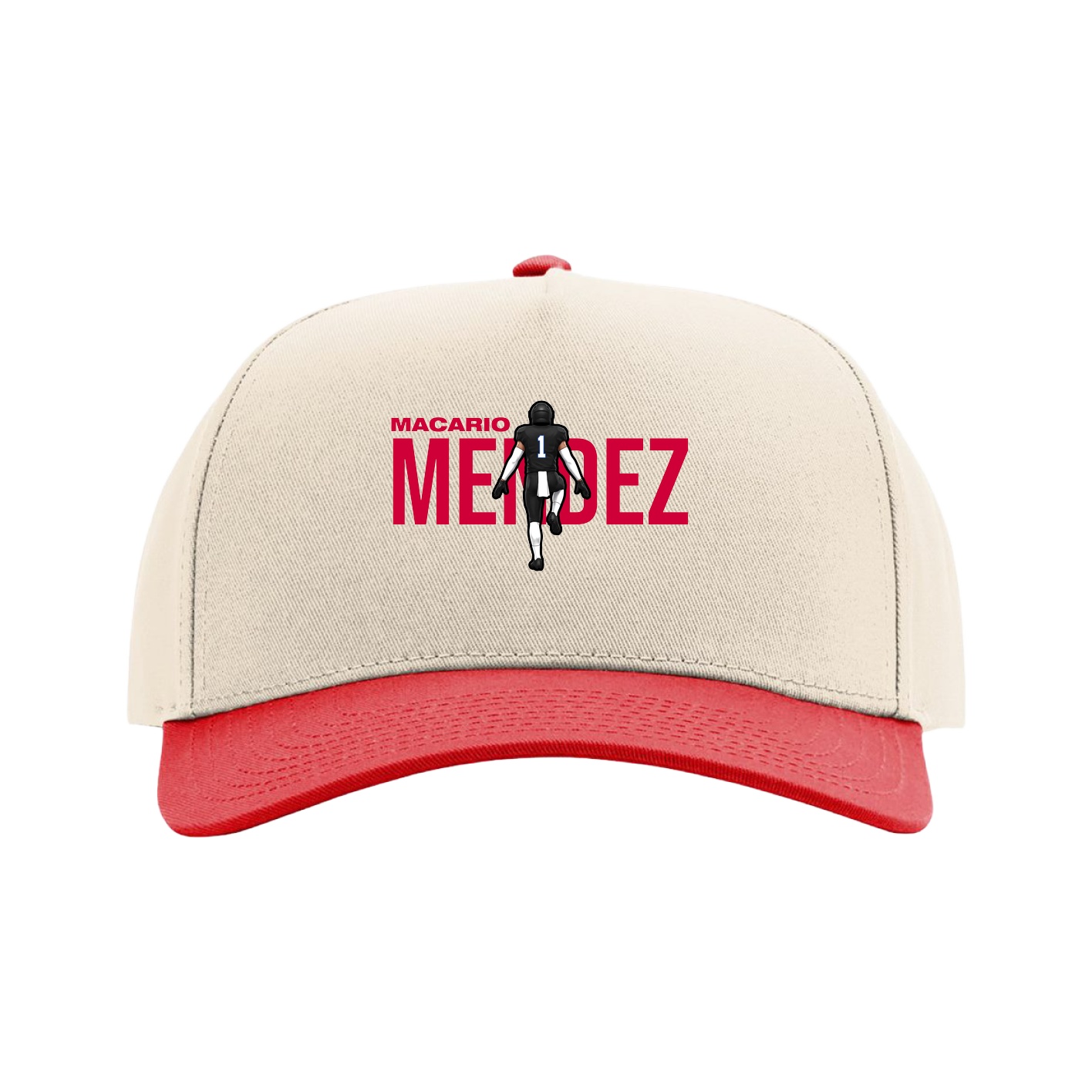 Full Fabric Five-Panel Champ Cap — Player Name in Cream/Red