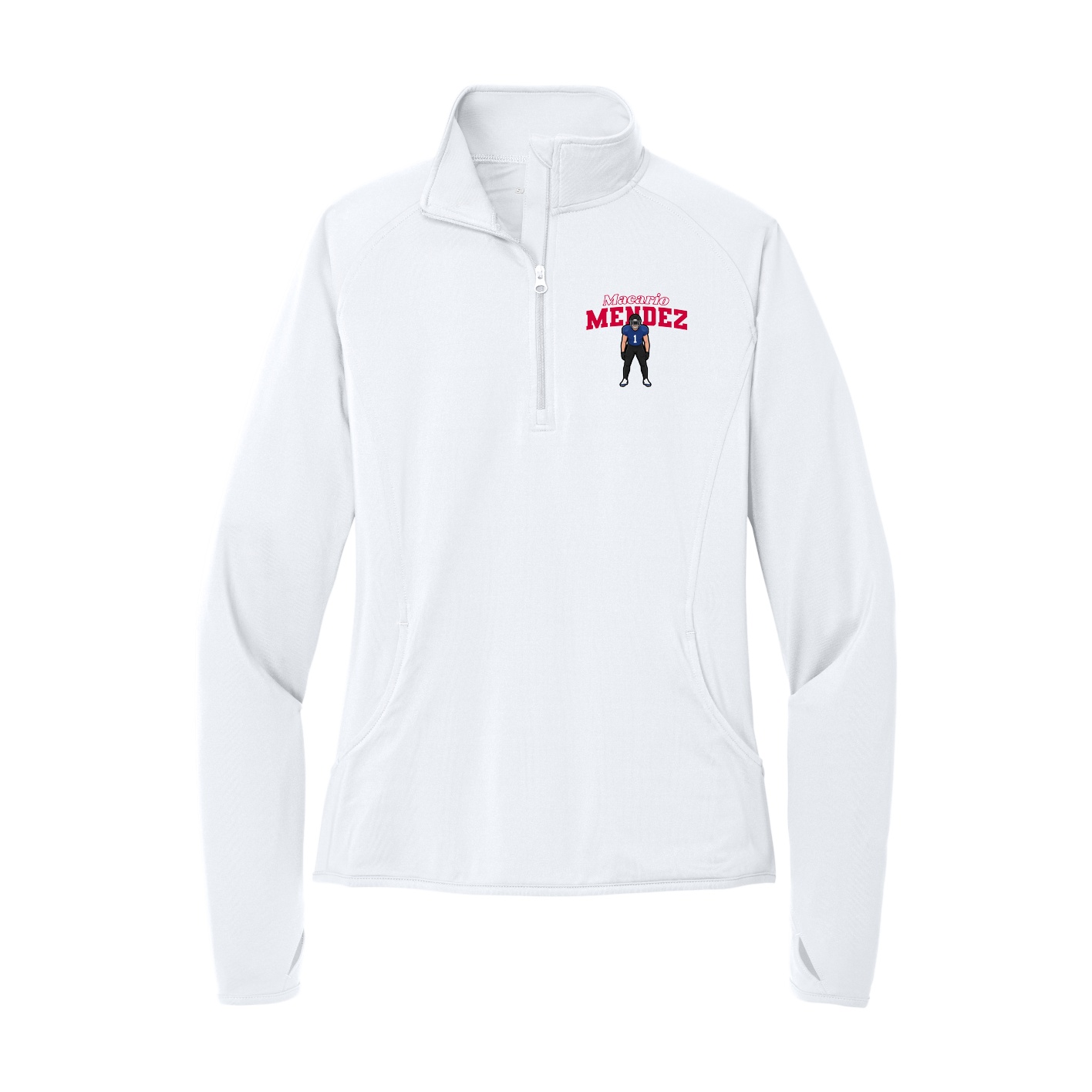 Women's Q-Zip Pullover — Name Arch in White