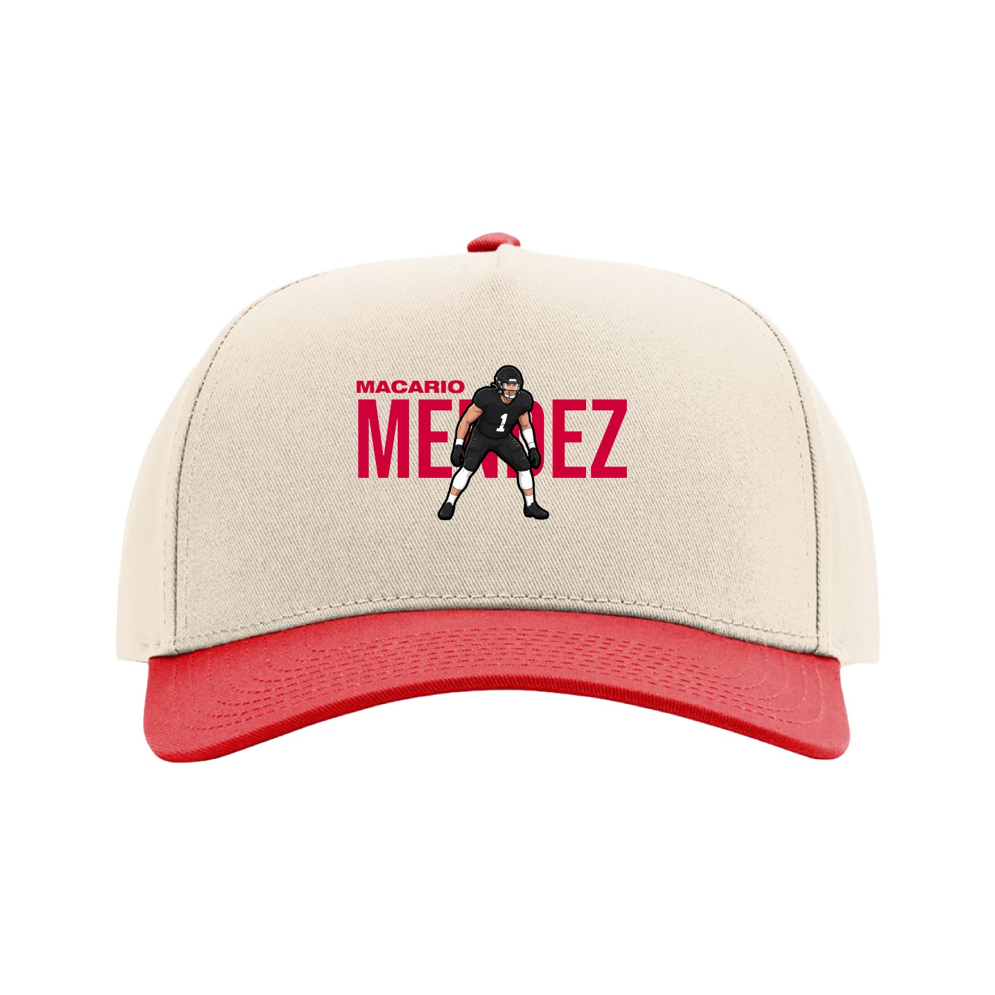 Full Fabric Five-Panel Champ Cap — Player Name in Cream/Red