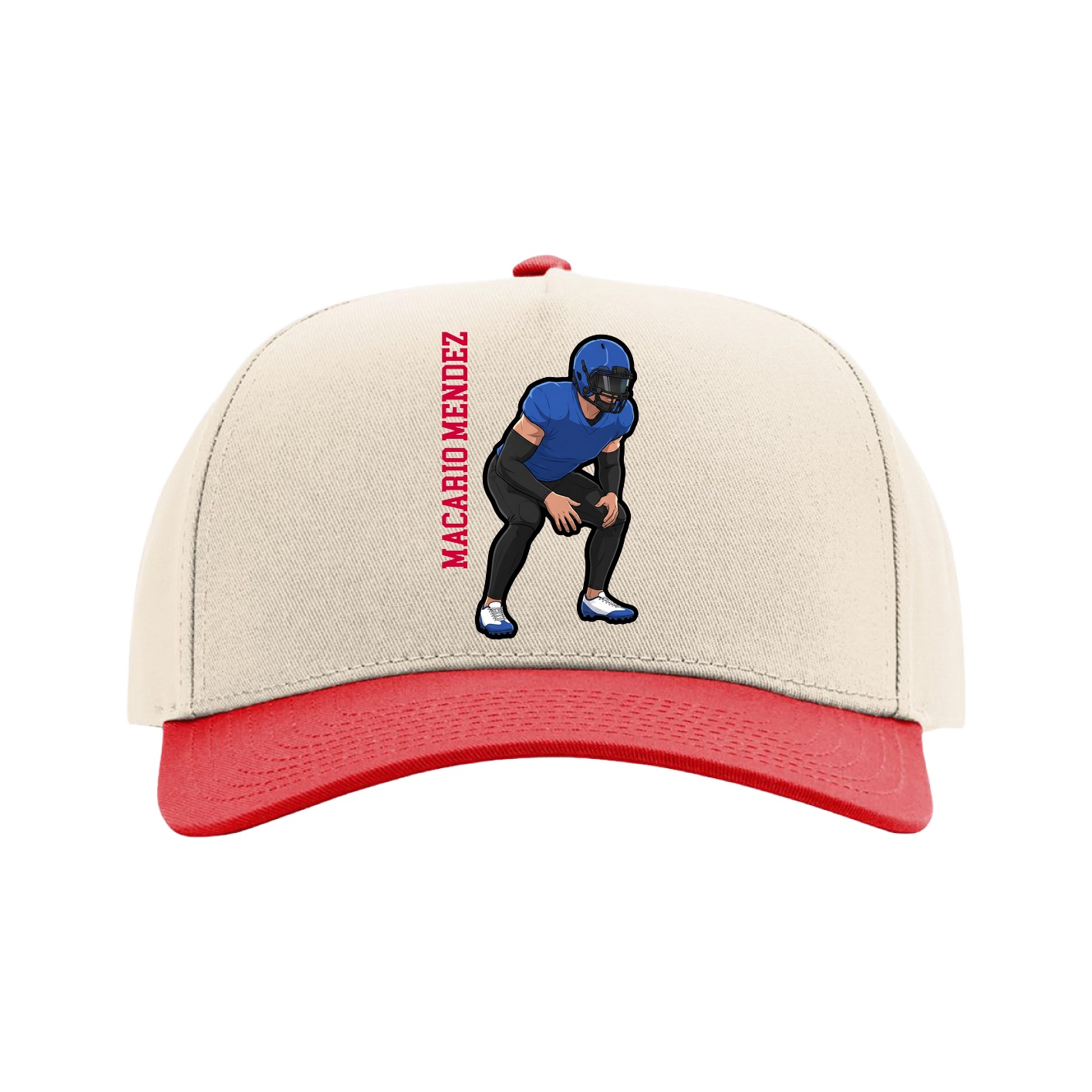 Full Fabric Five-Panel Champ Cap — Name Vertical in Cream/Red