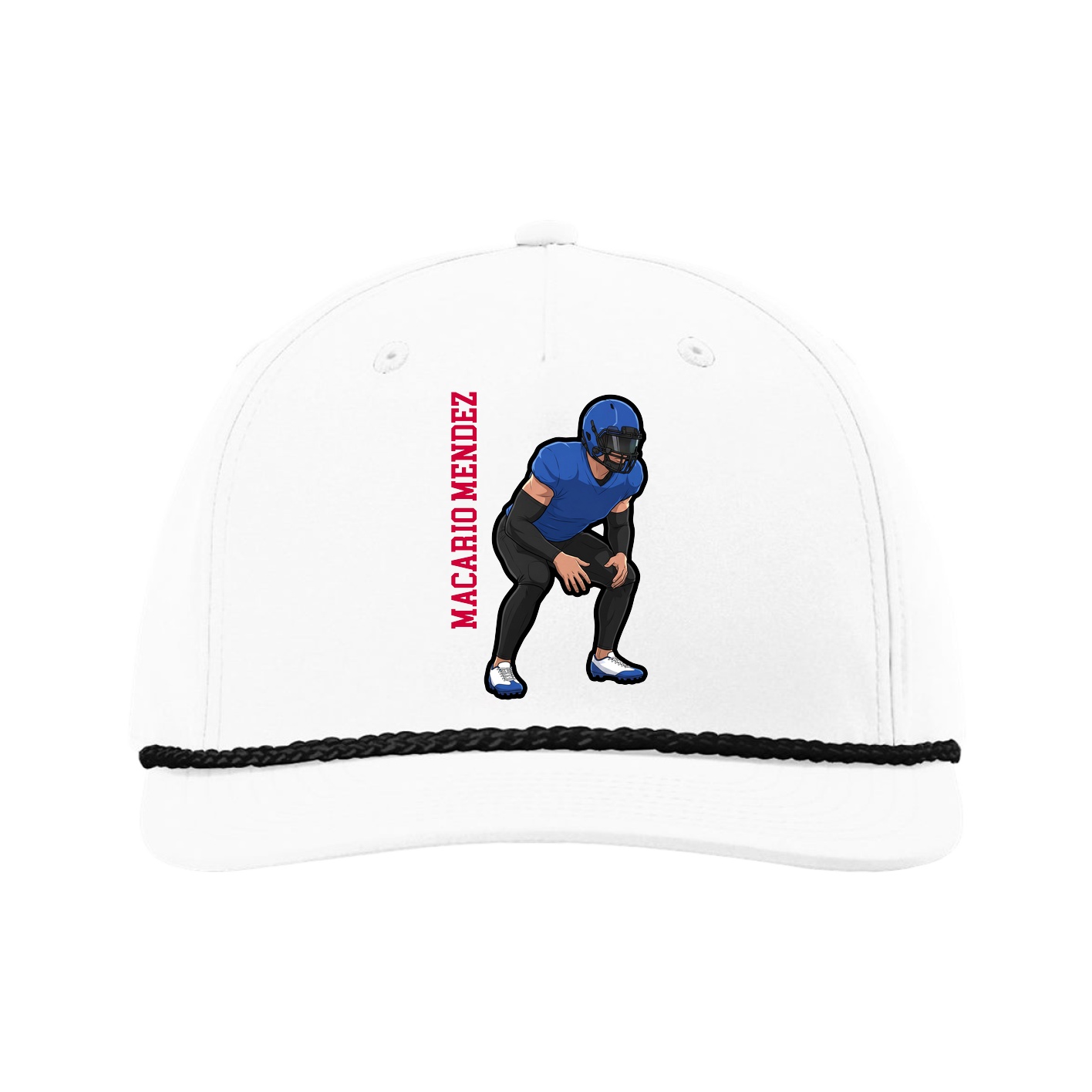 Five-Panel Classic Rope Cap — Name Vertical in White